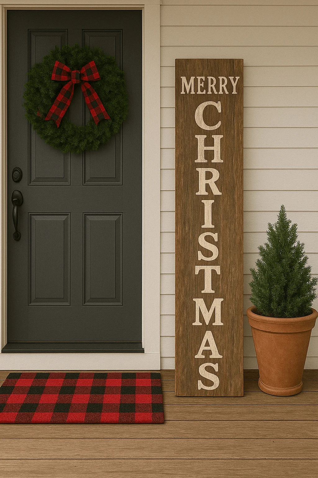 Farmhouse Christmas porch with a black front door, green wreath with red plaid bow, rustic vertical wooden sign reading "Merry Christmas," small potted evergreen, and red-and-black buffalo check doormat