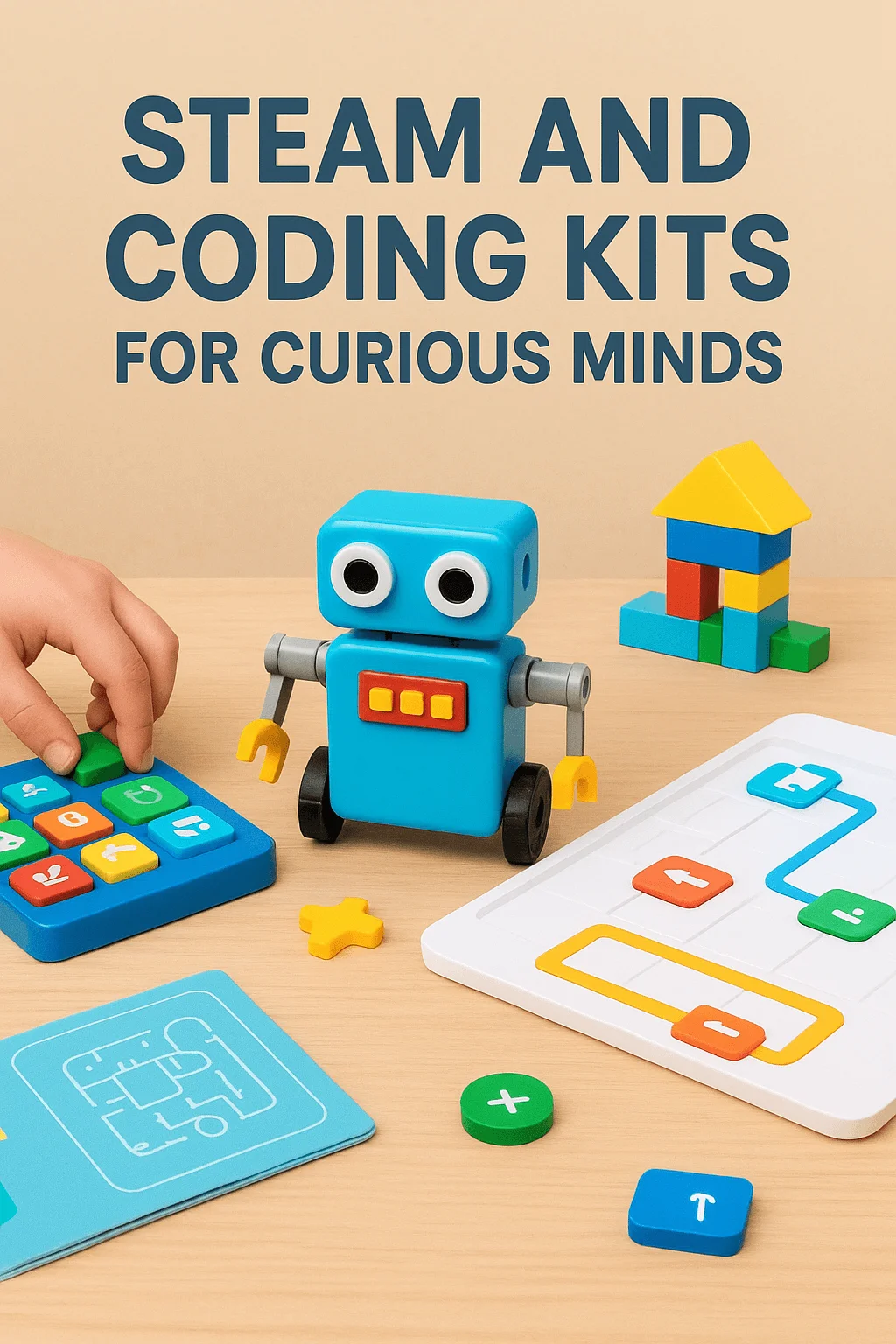 Colorful STEAM and coding kit for kids featuring blue robot building blocks and programming tiles on a wooden table.