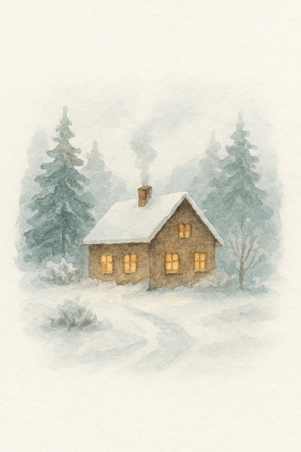 Watercolor illustration of a cozy cabin with glowing windows in a snowy forest, surrounded by pine trees and soft mist creating a peaceful winter atmosphere.