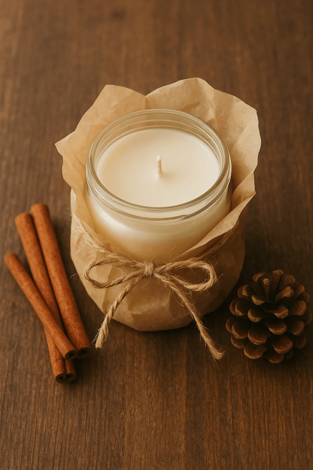 A cozy scented candle in a glass jar wrapped with brown paper and twine, placed on a wooden surface beside cinnamon sticks and a pinecone.