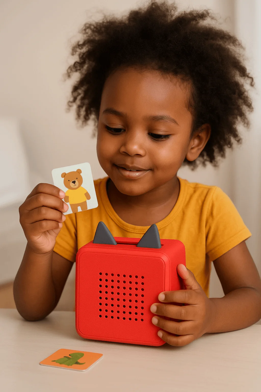 Child playing with screen free audio story player holding a picture card of a teddy bear at a table indoors.
