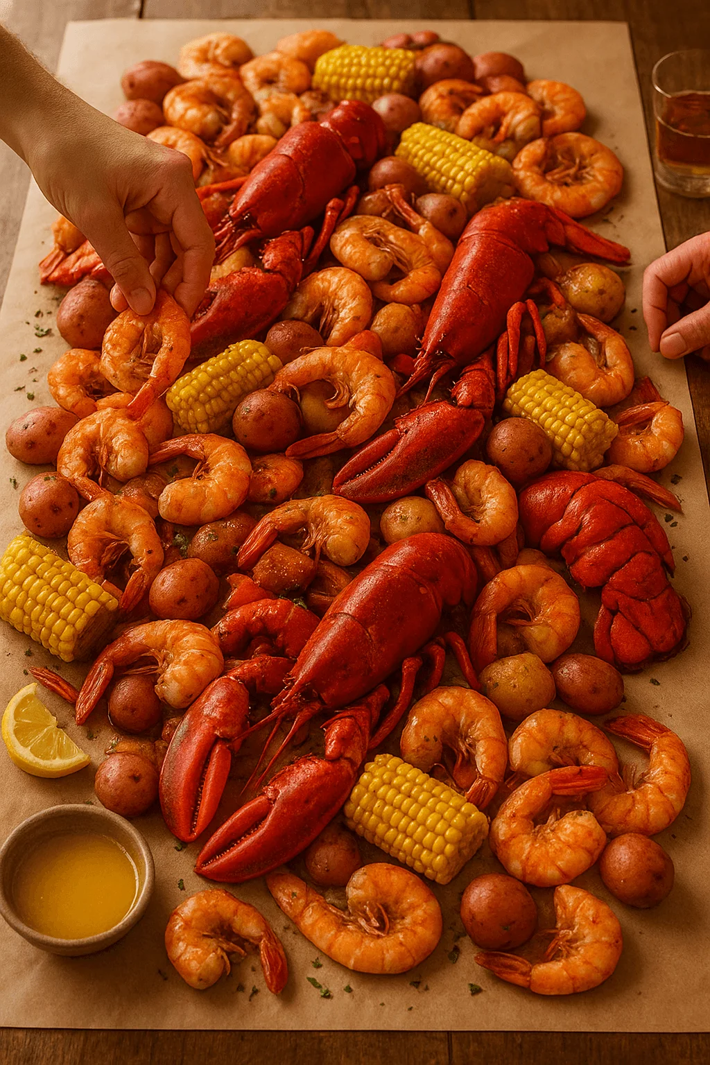 Seafood boil feast with whole lobsters, shrimp, corn on the cob, and baby potatoes served on parchment paper with lemon wedges and melted butter for dipping.
