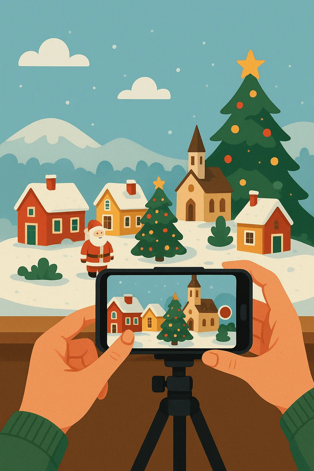 Illustration of hands holding a smartphone on a tripod, recording a festive miniature Christmas village with Santa, decorated trees, snowy houses, and a church under a clear winter sky