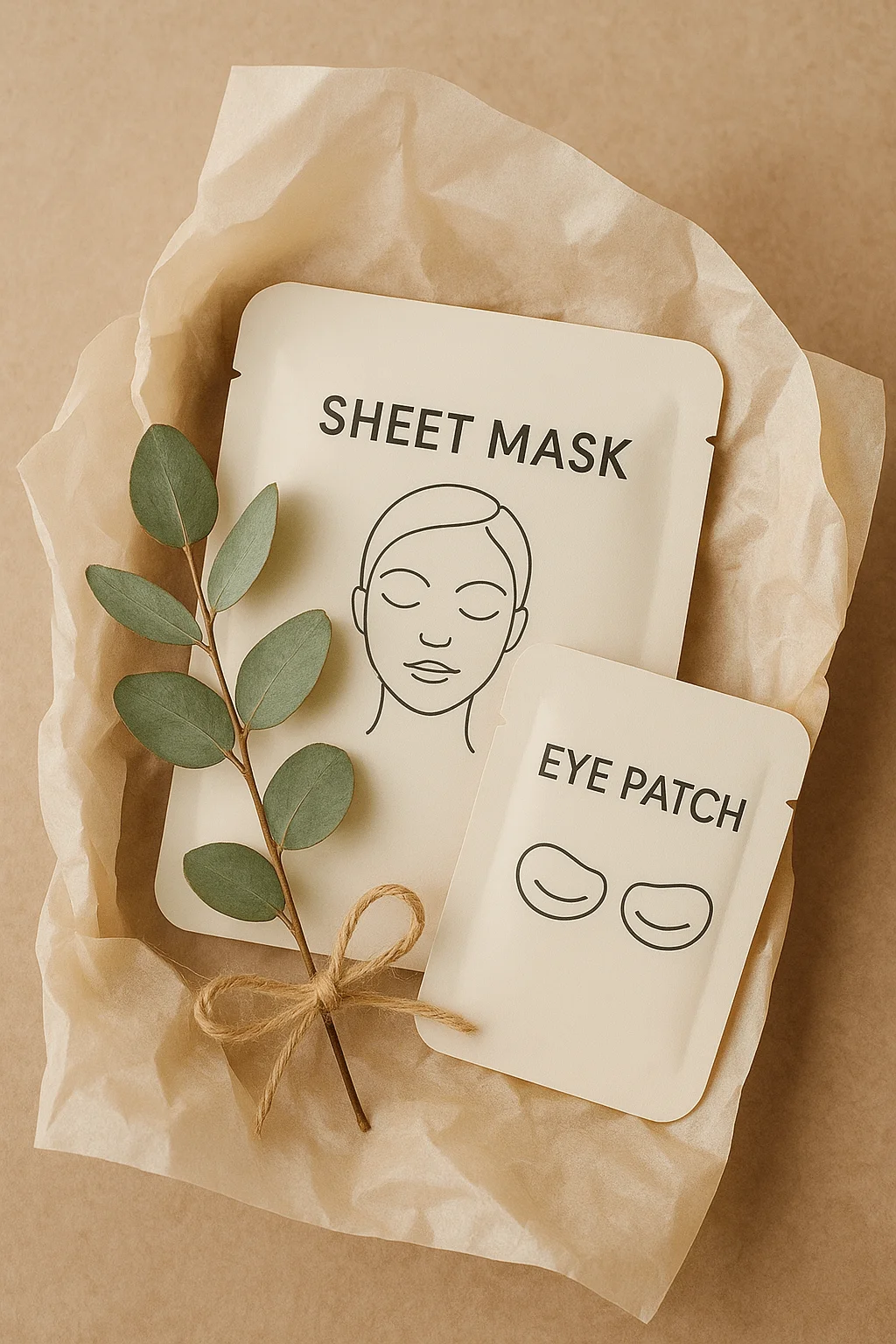 A beige gift set with a sheet mask and eye patch pack arranged on crinkled tissue paper, decorated with a green eucalyptus branch tied with twine
