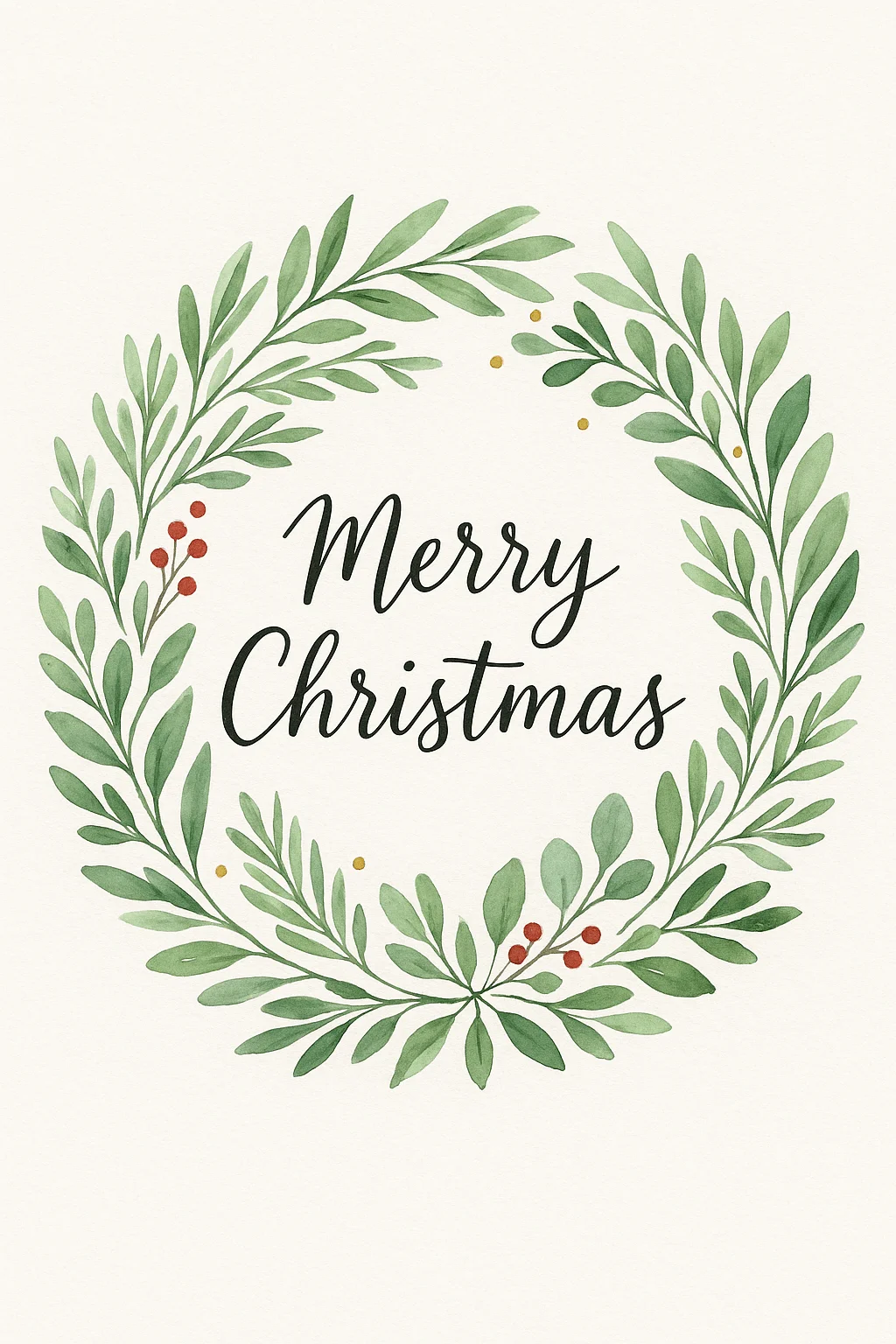 Watercolour Christmas card with hand-painted green wreath of leaves and red berries surrounding the words 'Merry Christmas' in elegant script on a cream background