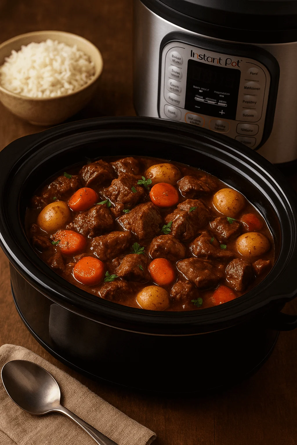 Hearty beef stew with potatoes and carrots simmering in a slow cooker beside an Instant Pot and a bowl of white rice, perfect for cozy make-ahead dinners.