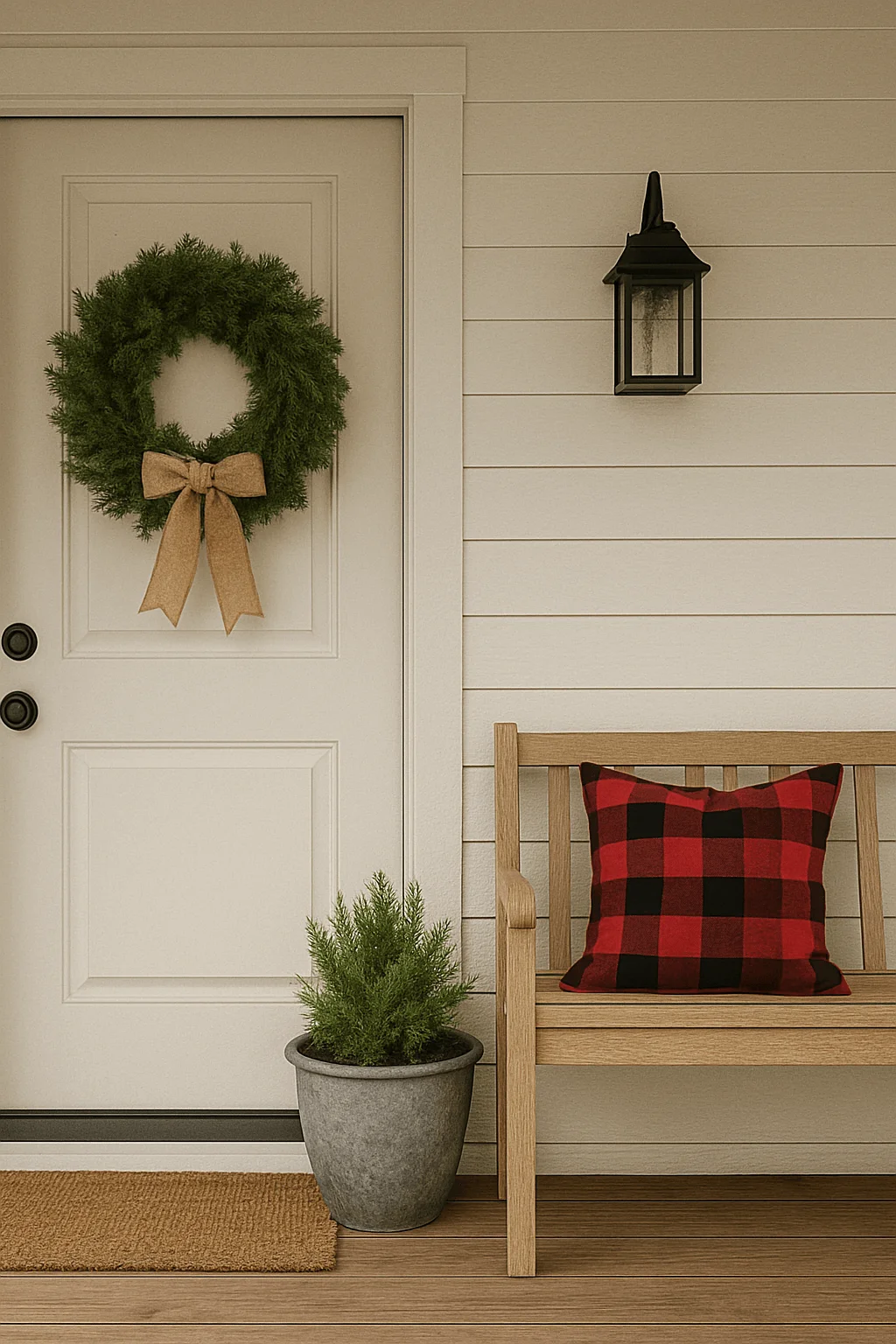 Small farmhouse porch decorated with a simple green wreath tied with a burlap bow on the white door, a wooden bench styled with a red and black buffalo plaid pillow, a potted evergreen in a gray planter, and a black lantern sconce overhead