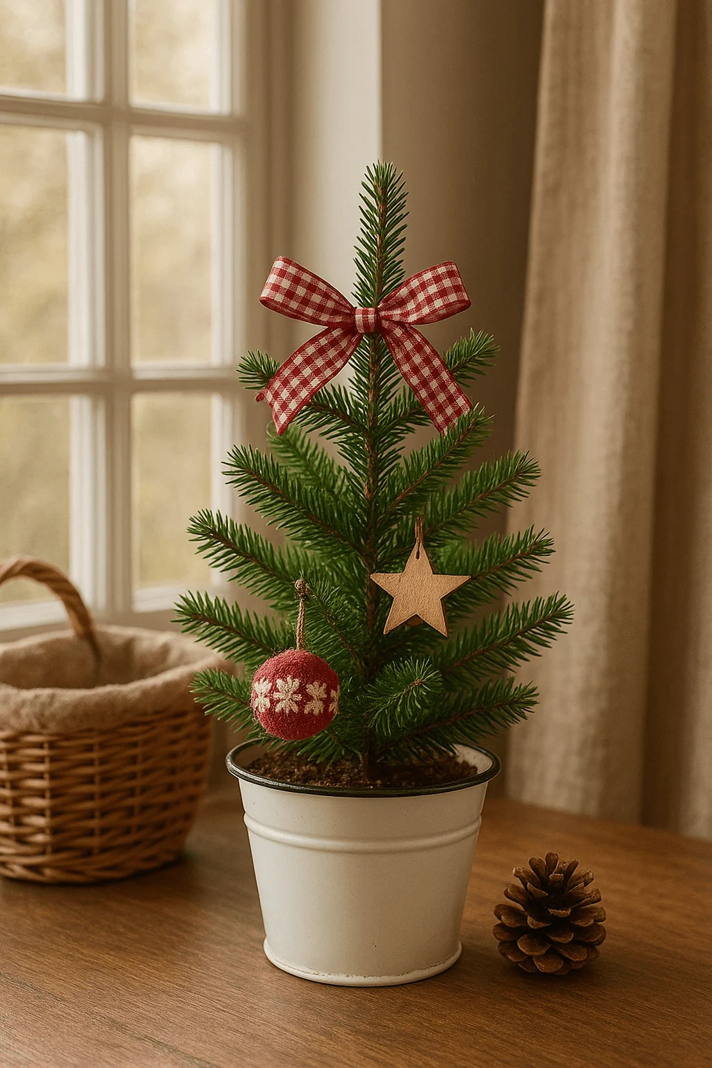 Small potted Christmas tree with a red gingham bow, wooden star ornament, and felt bauble, styled on a wooden table for cozy holiday décor.