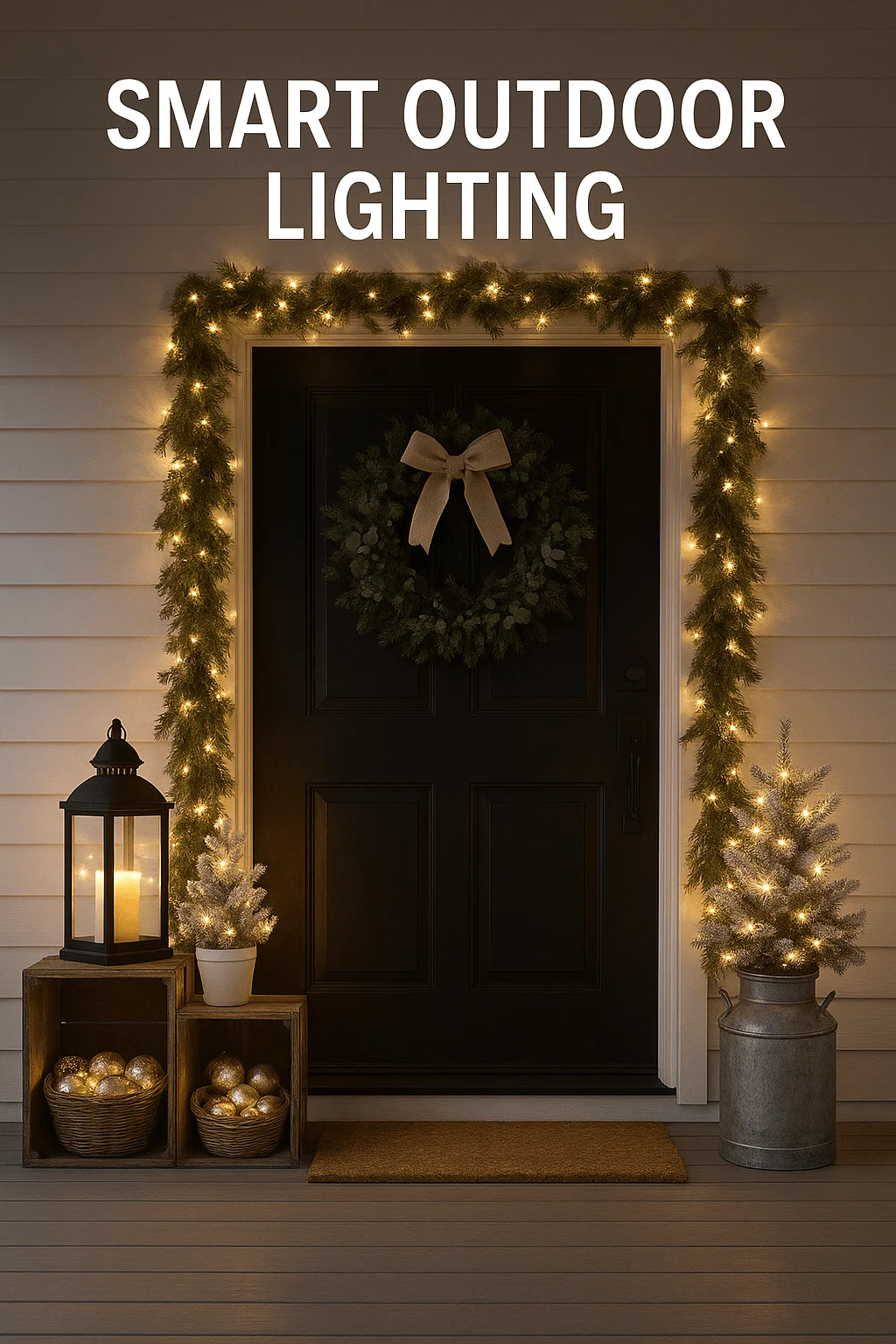 Smart outdoor Christmas porch lighting with a black front door framed by garland and warm white lights, a wreath with a burlap bow, lantern with candle, mini lit trees, and baskets of glowing ornaments.