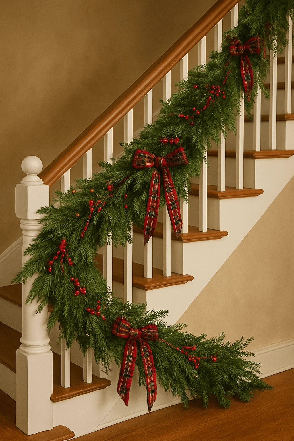 Staircase decorated with cascading evergreen garland, red berries, and plaid bows for a classic Christmas look.