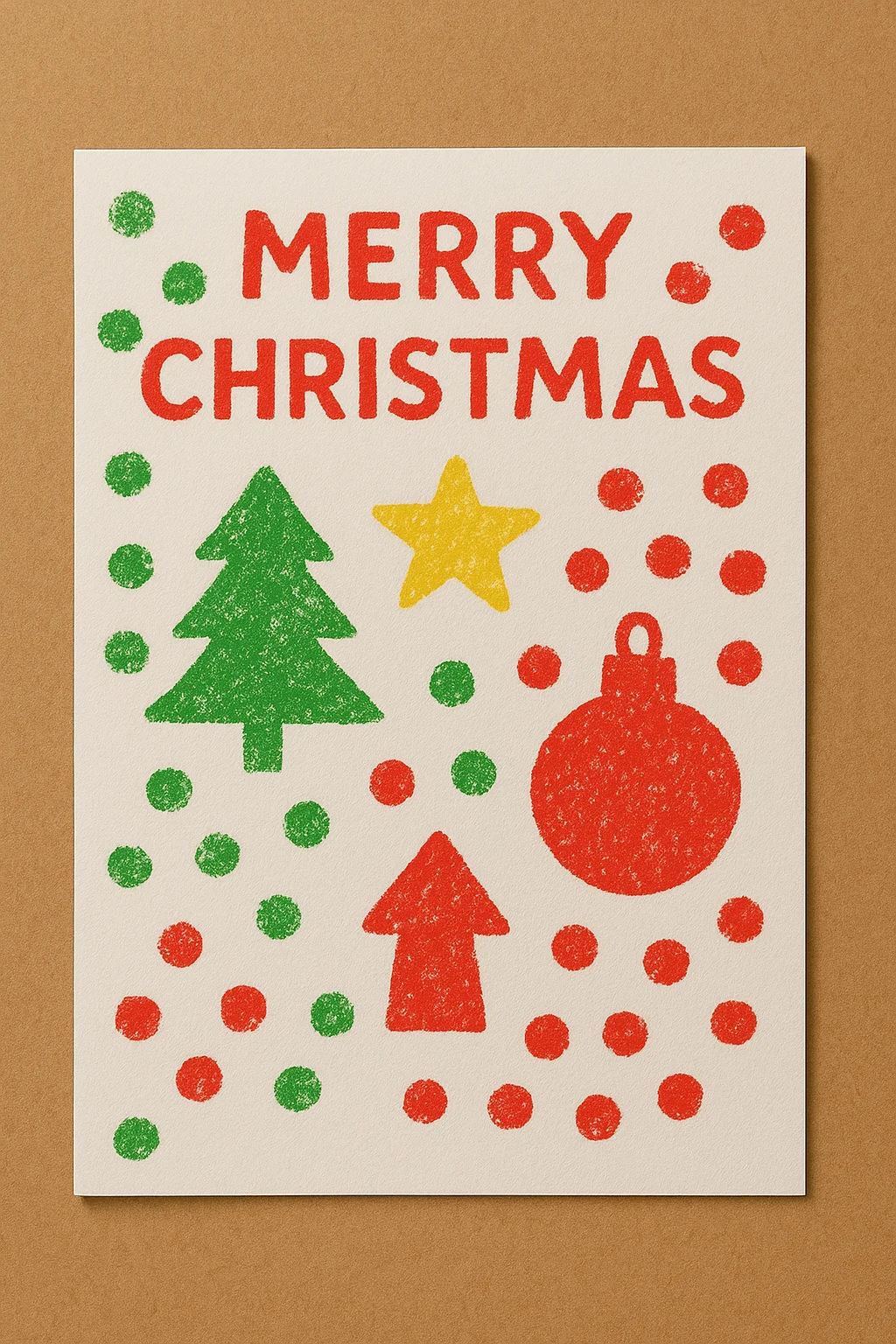 A handmade Christmas card with colorful stamped designs, featuring red text that reads ‘MERRY CHRISTMAS,’ along with green and red dots, a green Christmas tree, a yellow star, a red ornament, and a red arrow shape on white paper with a brown background