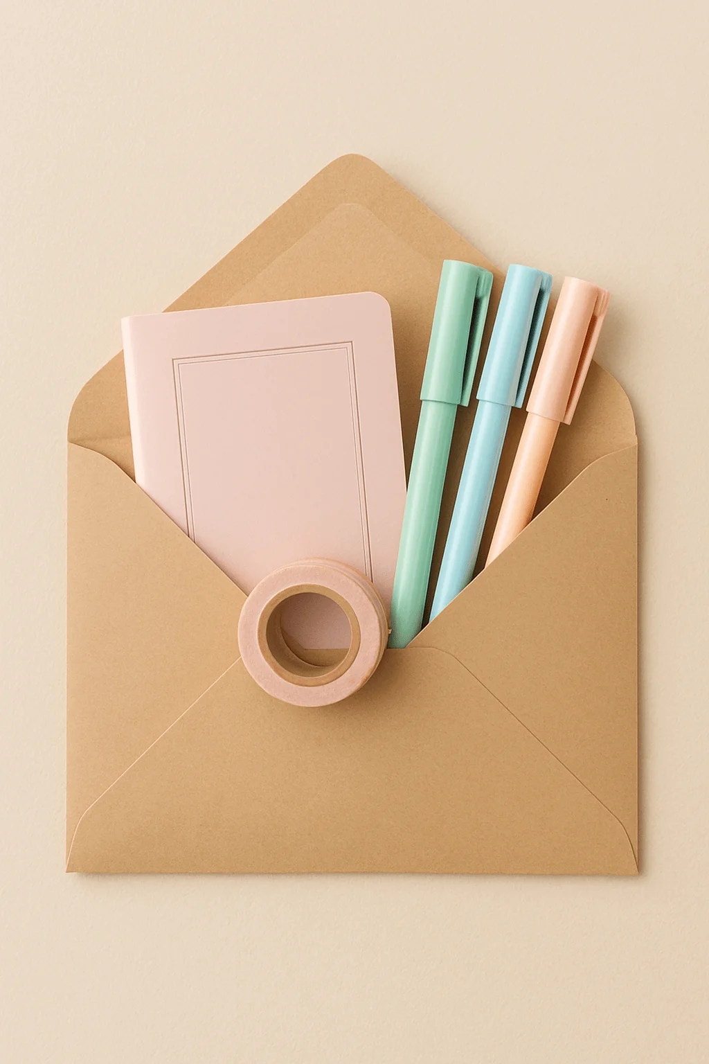 Kraft paper envelope filled with pastel stationery items including a pink notebook, mint and peach pens, and pink washi tape on a beige background