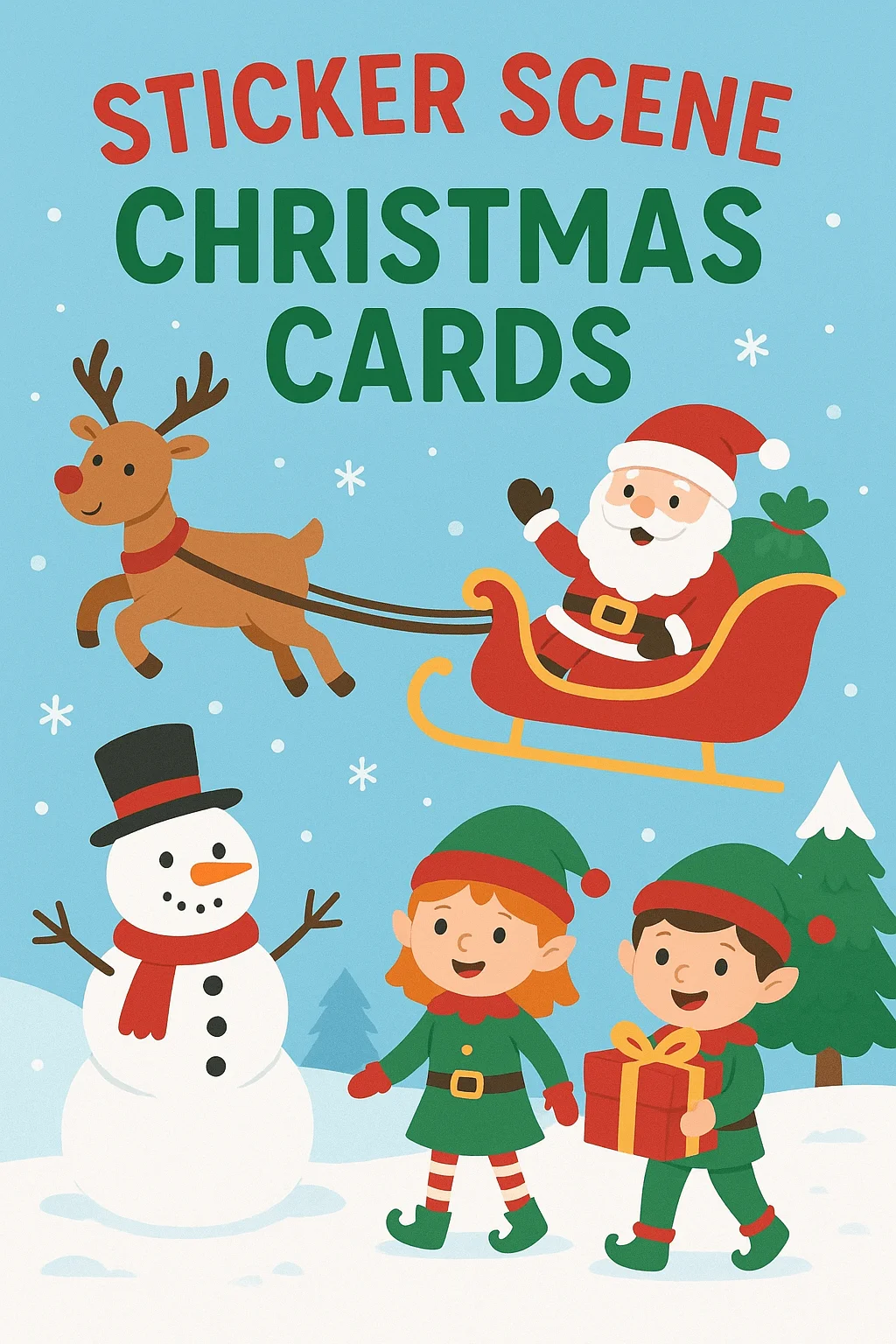 Cute cartoon Christmas card design with Santa in a sleigh pulled by a reindeer, two elves with a gift, and a snowman in a snowy winter scene.