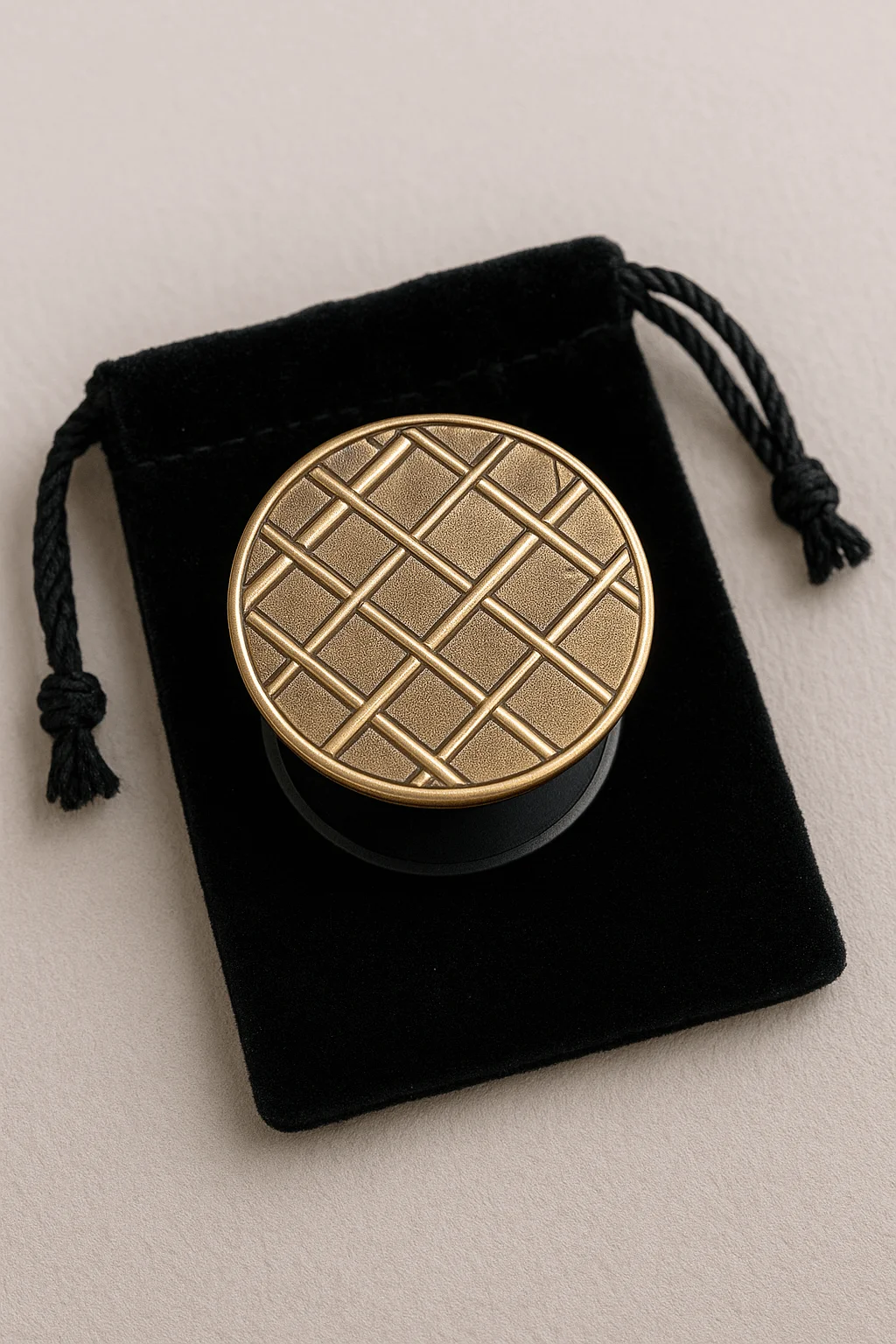 A gold and black phone grip with a geometric lattice design placed on top of a soft black drawstring pouch