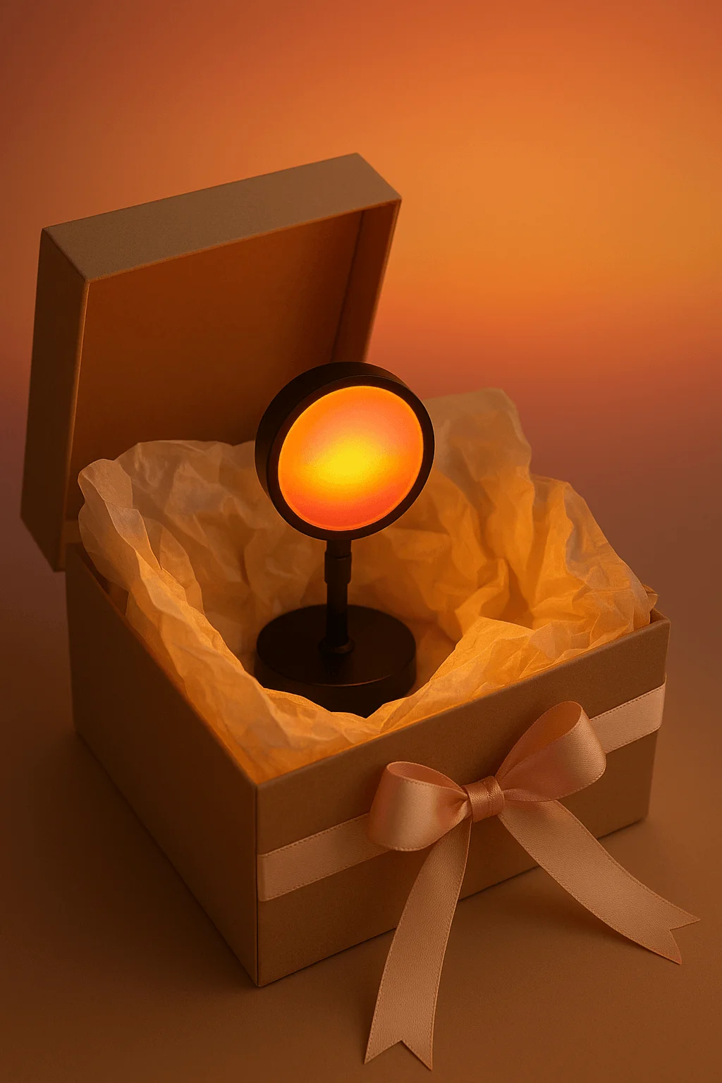 A glowing sunset projector lamp placed inside an open gift box with tissue paper and a satin ribbon bow