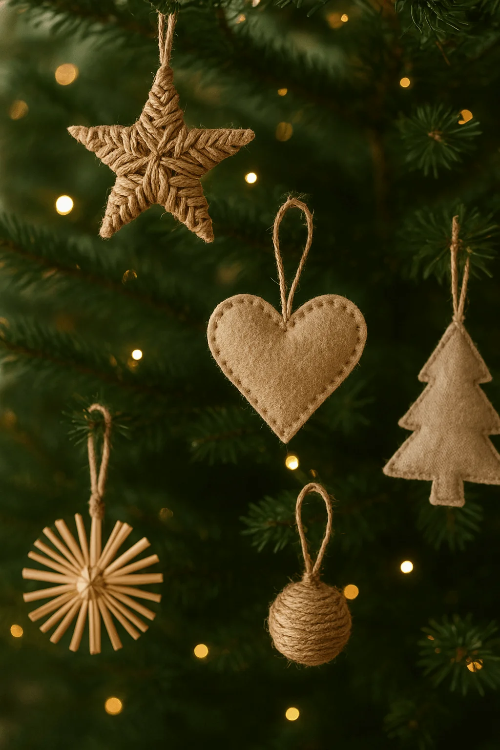Eco-friendly Christmas tree decorated with sustainable glitter-free ornaments made of jute, felt, and natural fibers in star, heart, tree, and bauble shapes.