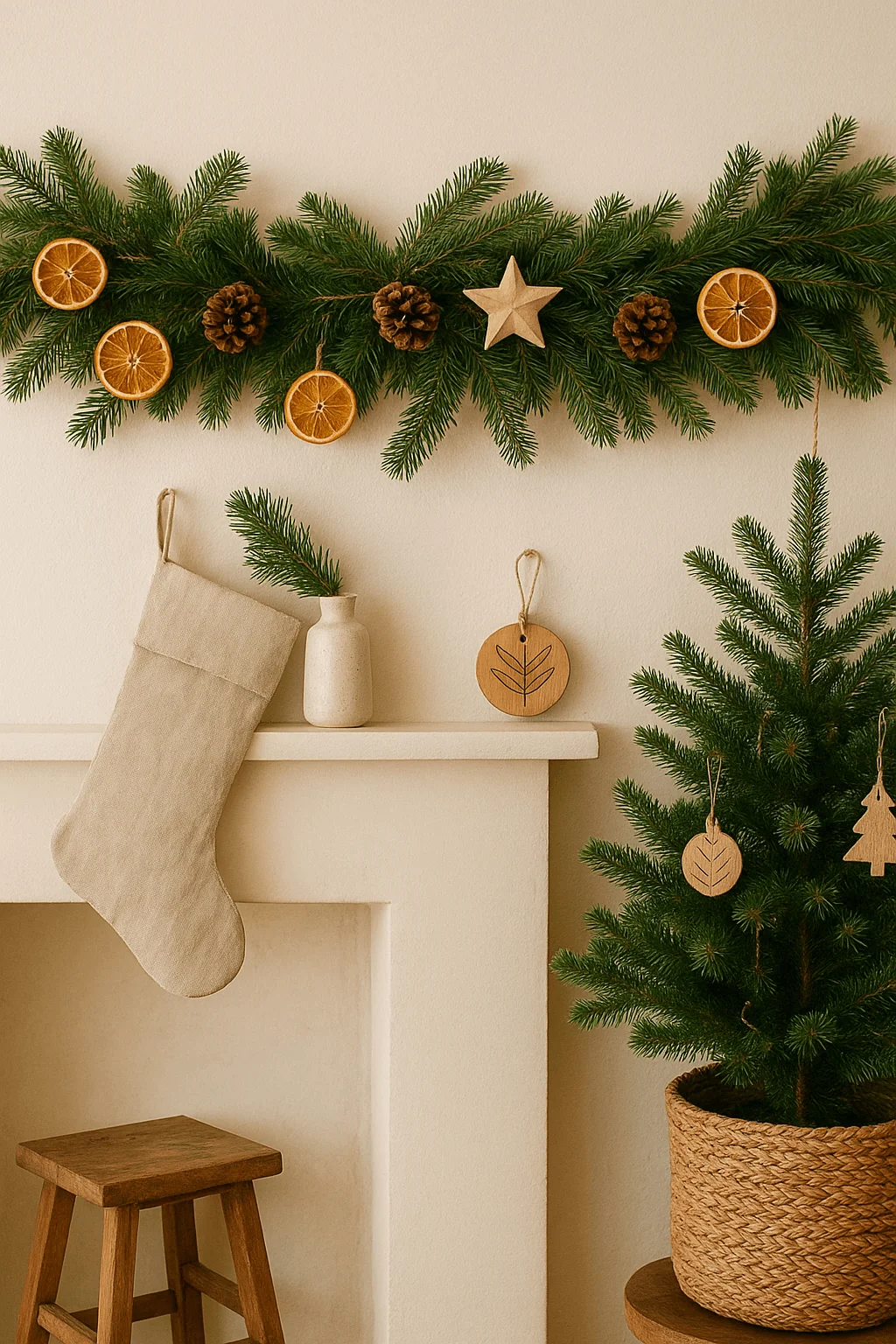 Minimalist Christmas decor with natural garland made of pine branches dried orange slices and pinecones above a white mantel with a beige stocking and small Christmas tree