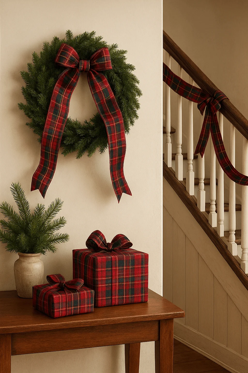 Classic Christmas décor with a green wreath tied in a red tartan plaid ribbon, matching plaid-wrapped gifts on a wooden table, and a staircase adorned with plaid ribbon garland.