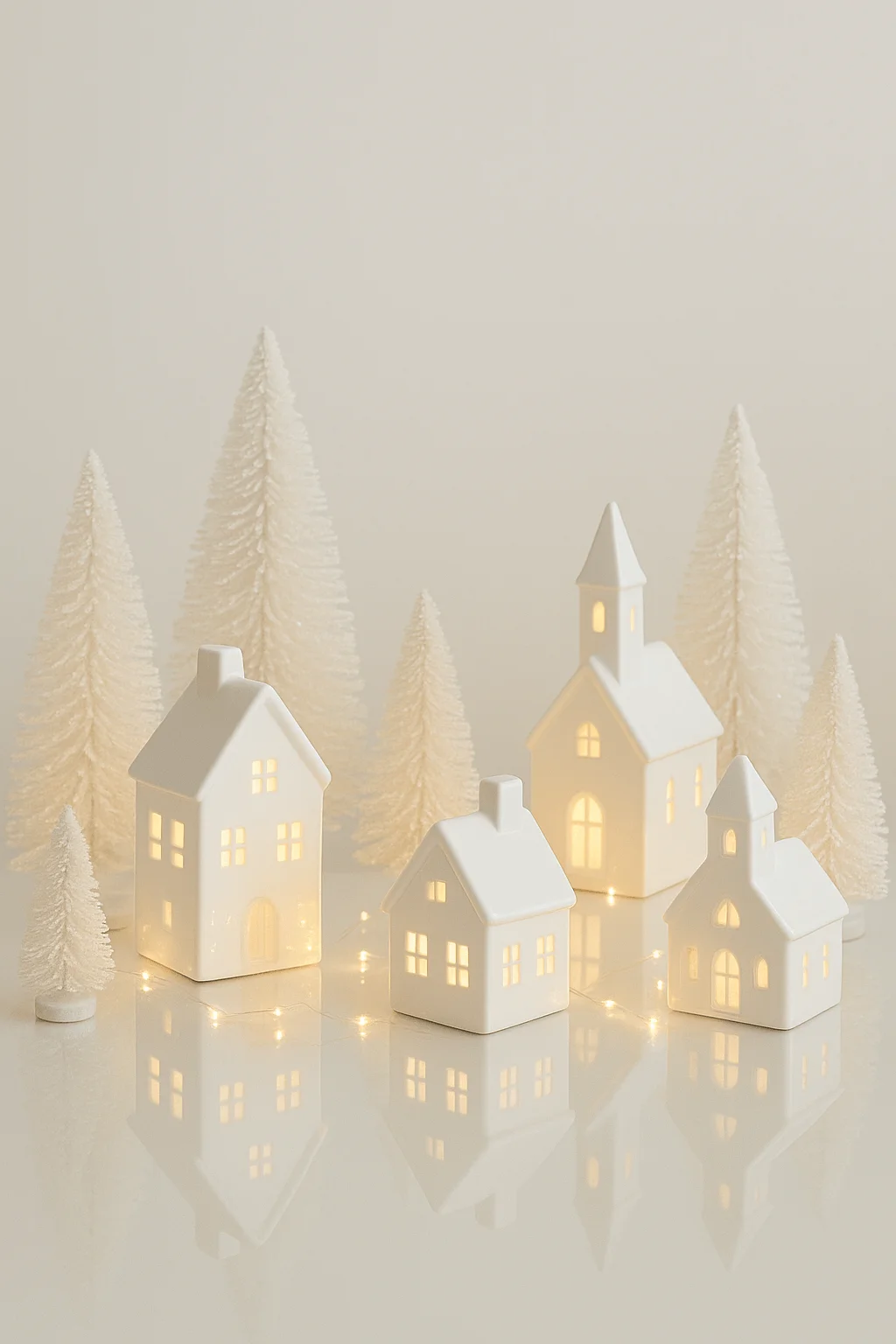 Elegant white minimalist Christmas village display with glowing ceramic houses, soft fairy lights, and snowy bottle brush trees creating a serene holiday scene