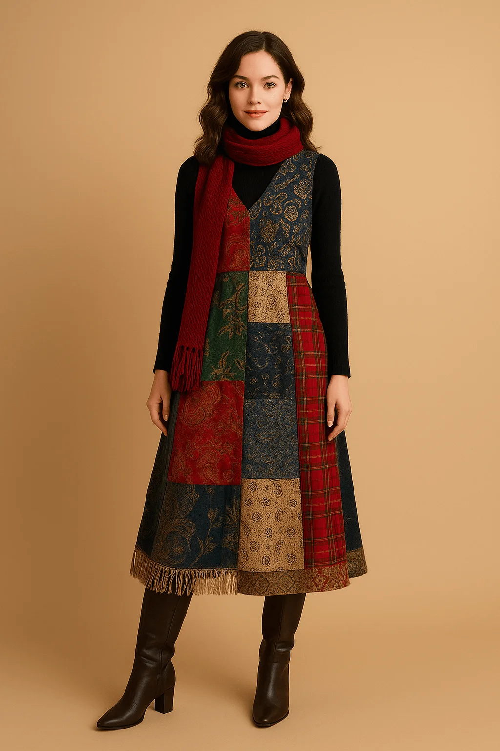 Women’s patchwork midi dress with vintage scarf fabric, styled with red knit scarf and black turtleneck