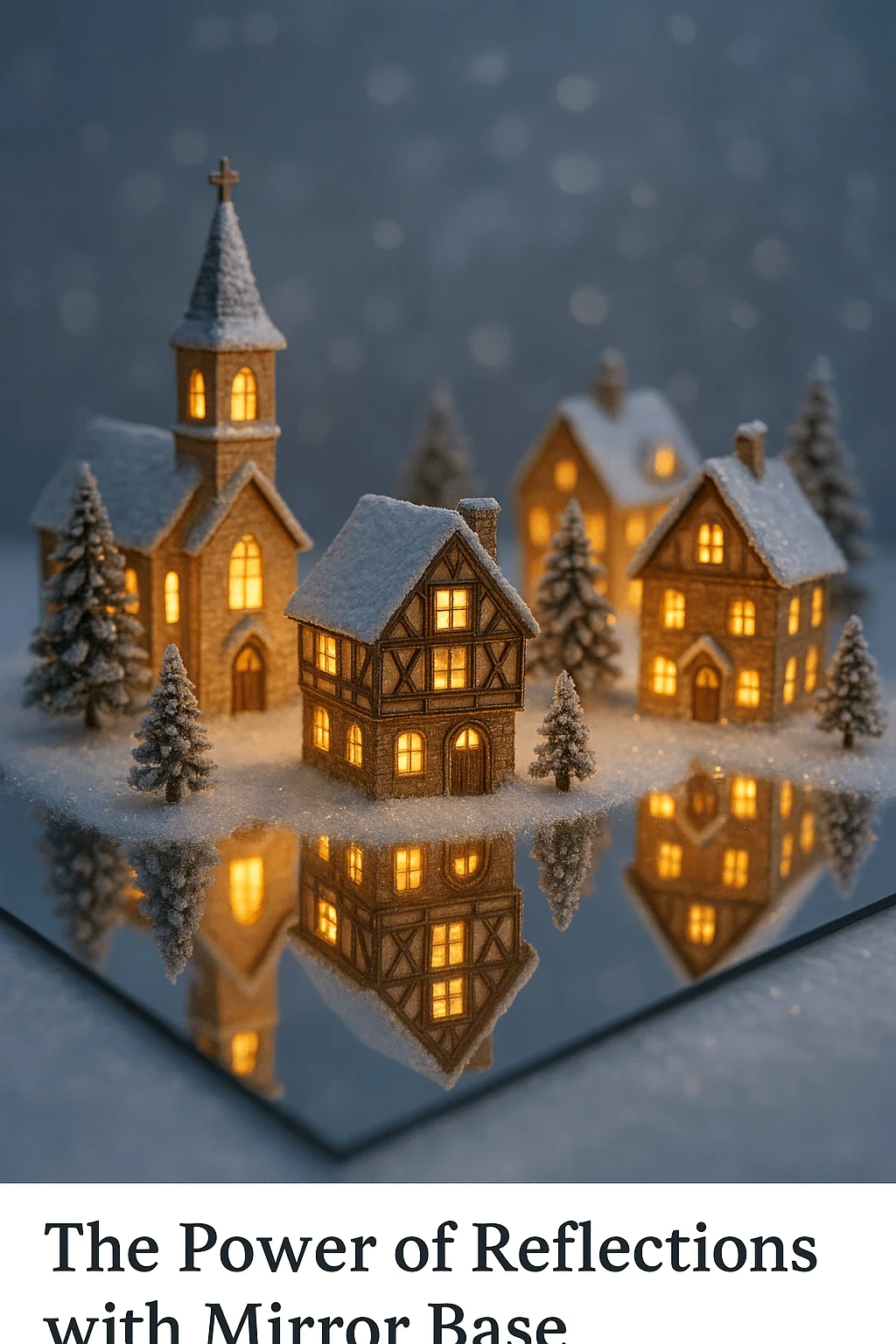 Miniature snowy Christmas village with glowing houses and church displayed on a mirror base, creating a beautiful reflection effect for holiday decor.
