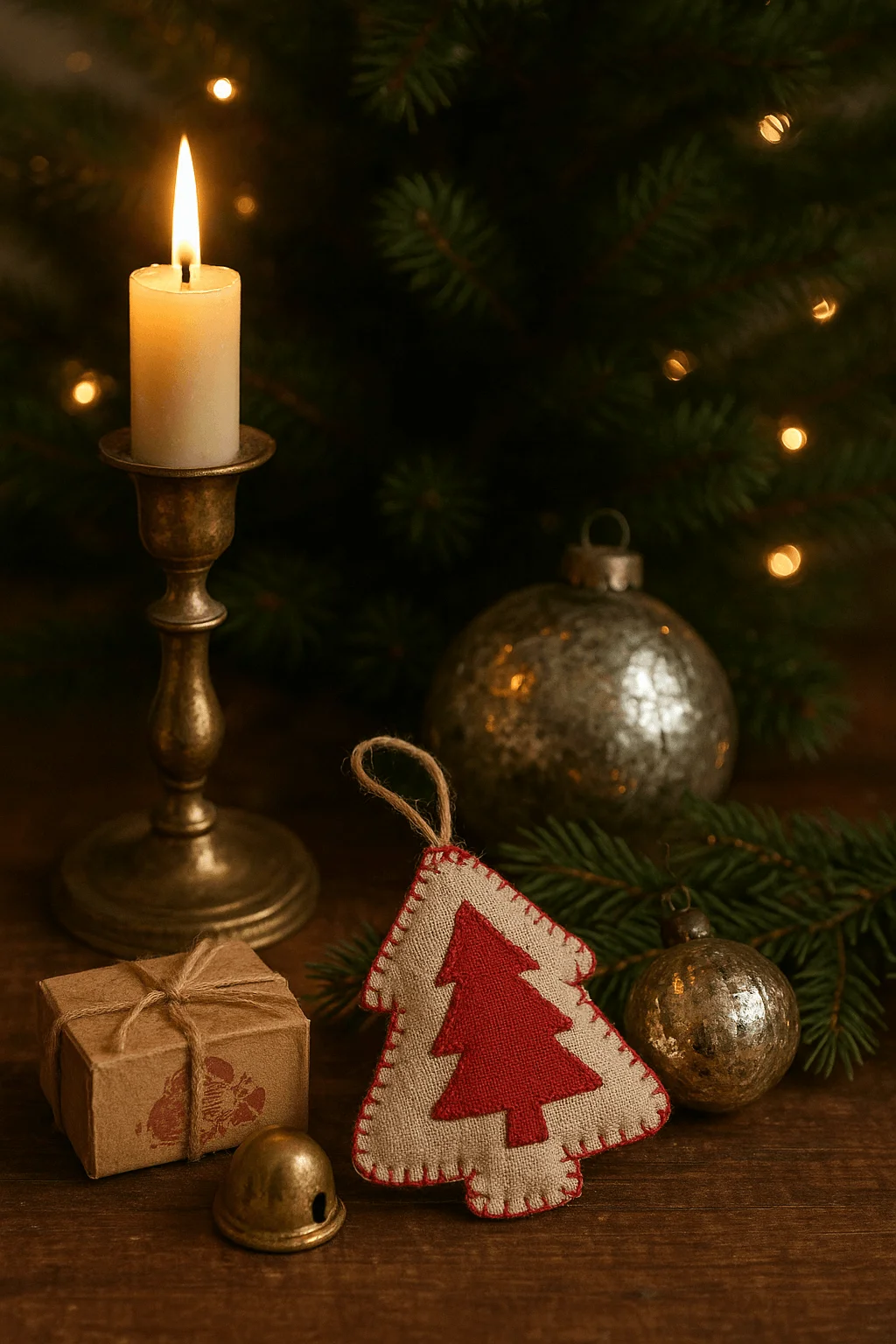 Cozy Christmas vignette with a lit candle in a brass holder, rustic wrapped gift, vintage silver ornaments, and a handmade fabric tree ornament with red stitching.