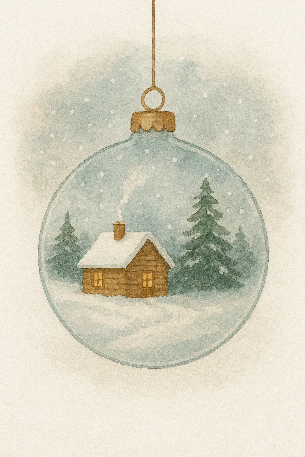 Watercolor Christmas ornament featuring a cozy wooden cabin in a snowy forest with pine trees and gentle snowfall painted in soft winter tones.