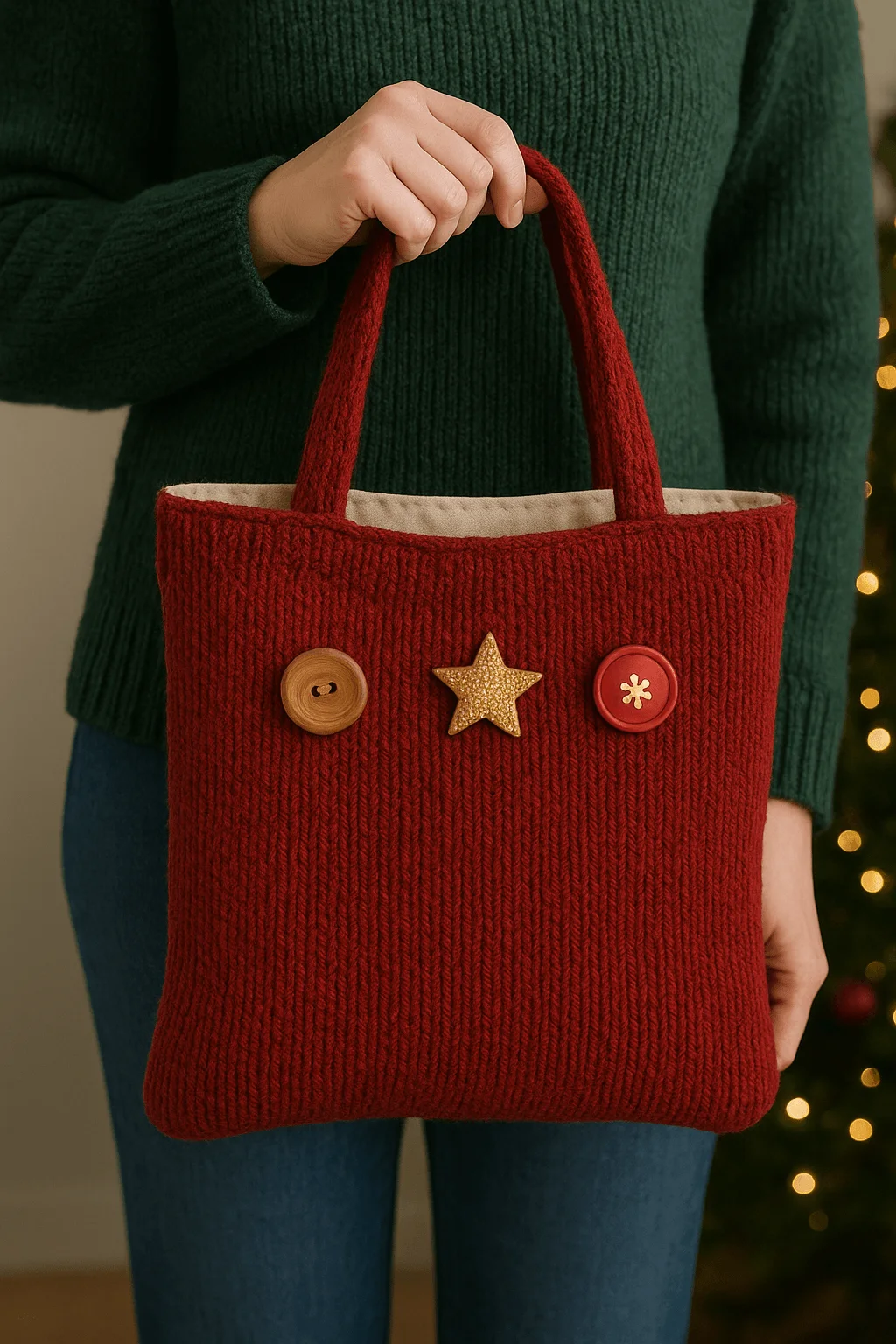 Handmade tote bag upcycled from a red knitted sweater, decorated with large buttons and a gold star embellishment for Christmas