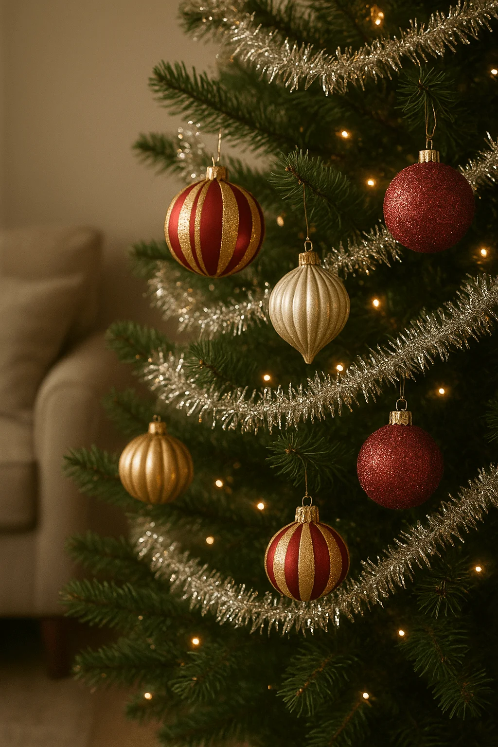 Classic Christmas tree decorated with red and gold ornaments silver tinsel garland and warm white lights for a nostalgic festive look