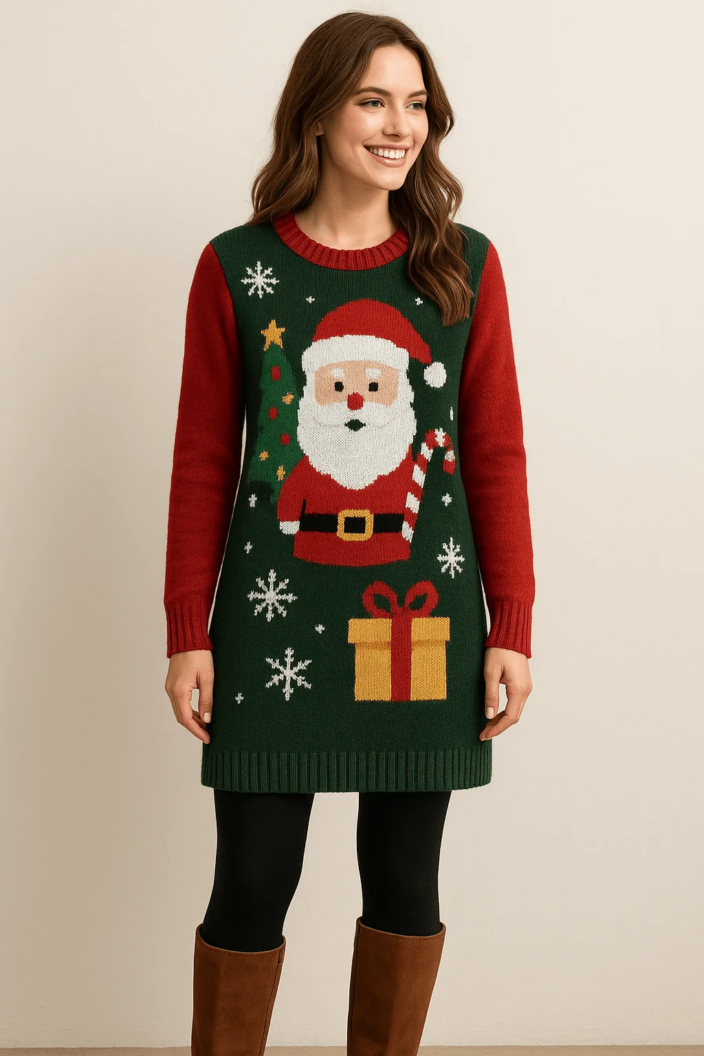 Women’s Christmas sweater dress with Santa Claus, gift box, and snowflake design in green and red holiday knit