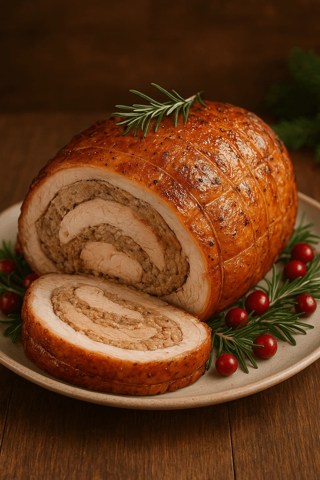 Golden-brown turducken roast stuffed with savory dressing, sliced to reveal spiral layers of poultry and stuffing, garnished with rosemary and cranberries on a festive platter.