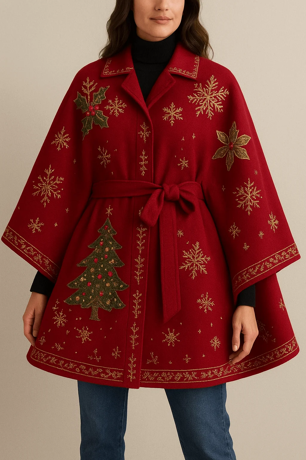 "Women’s red Christmas cape coat with gold snowflake embroidery, poinsettia, holly, and Christmas tree design