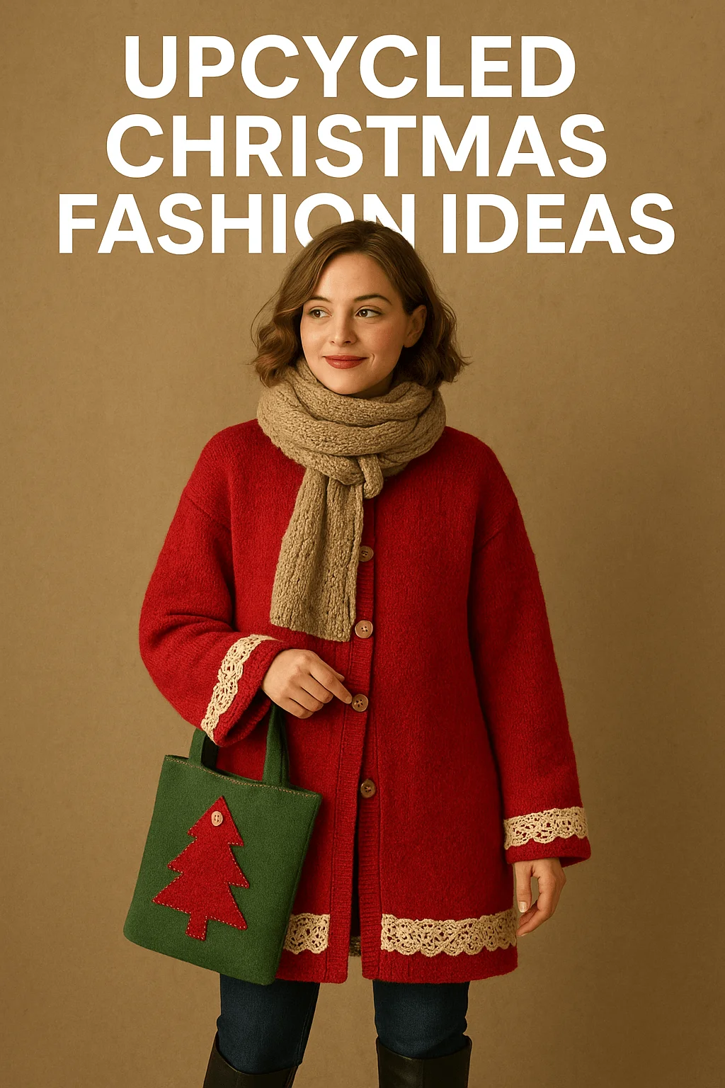 Woman wearing upcycled Christmas fashion outfit with red coat decorated with lace, beige knitted scarf, and holding a green tote bag with red Christmas tree applique