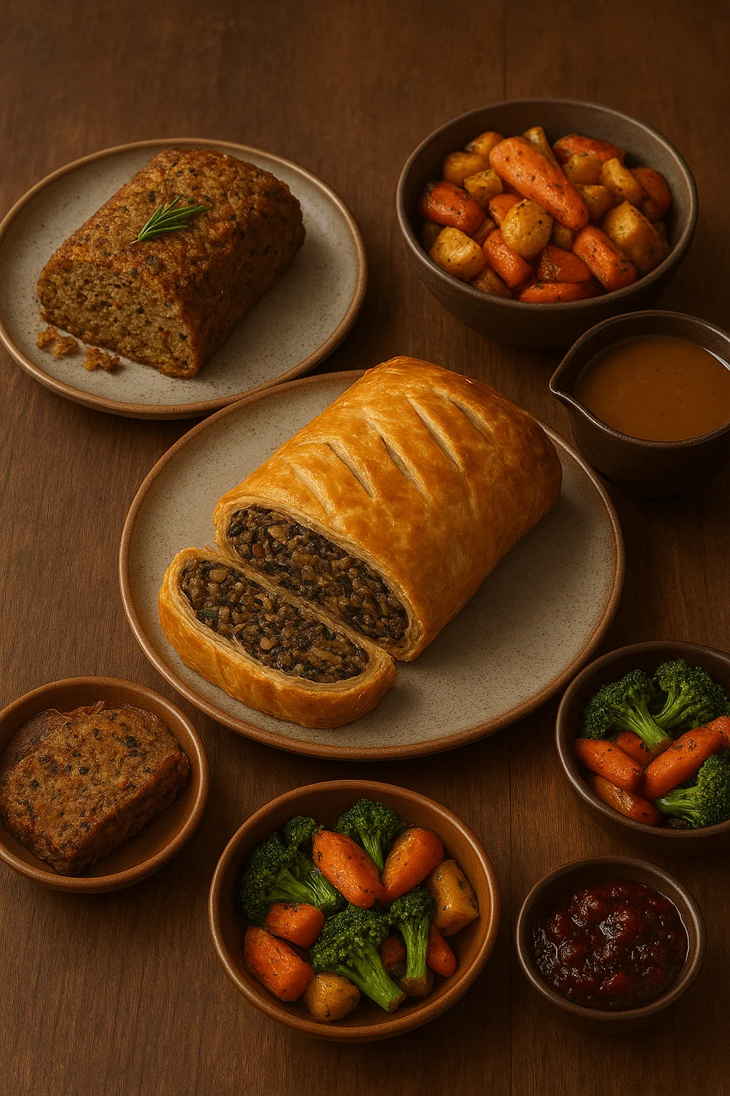 Vegan festive roast and mushroom Wellington served with roasted carrots, potatoes, broccoli, gravy, and cranberry sauce on a wooden table.