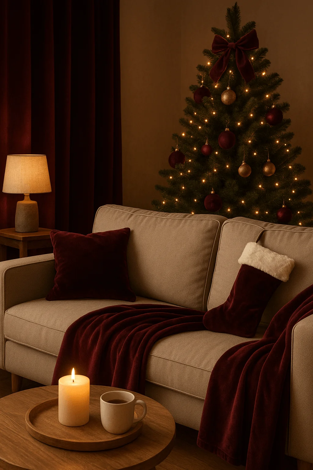 A warm and inviting Velvet and Fabric Accents Christmas setup, showcasing deep burgundy tones and soft textures. The cozy living room features plush velvet pillows, a matching throw, and a luxe stocking that complement the softly lit tree adorned with gold and burgundy ornaments. Perfect for a classic, elegant, and comforting holiday atmosphere.