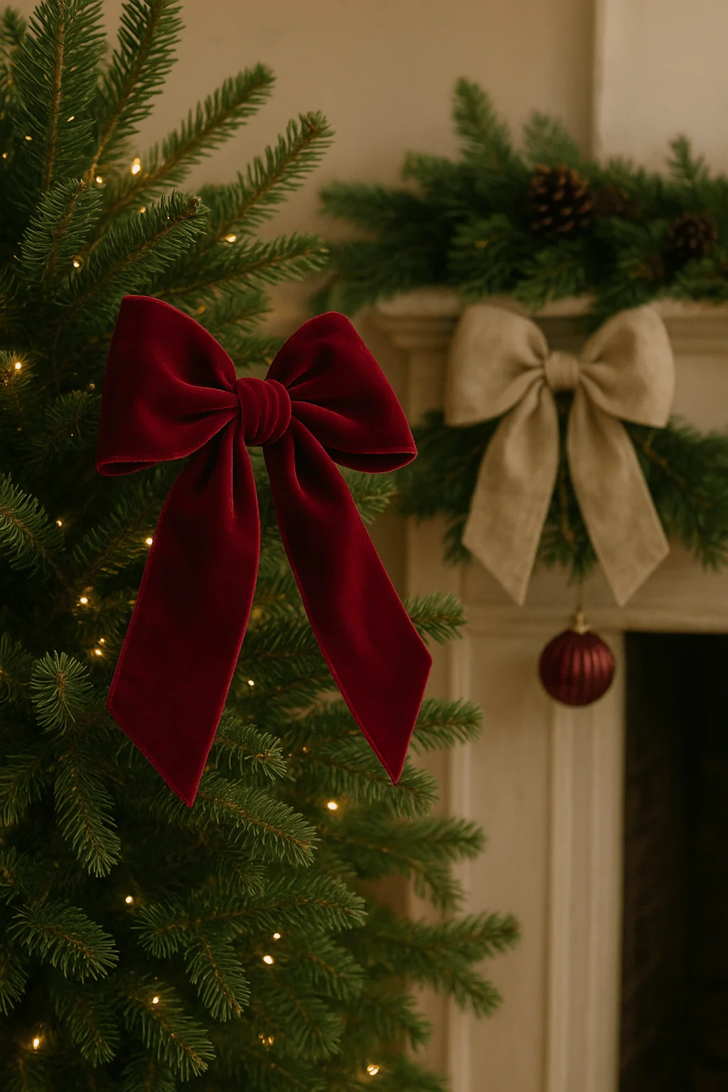 Elegant Christmas tree decorated with a large red velvet bow, paired with a neutral linen bow on a garland over the fireplace mantel, accented with pinecones and ornaments.