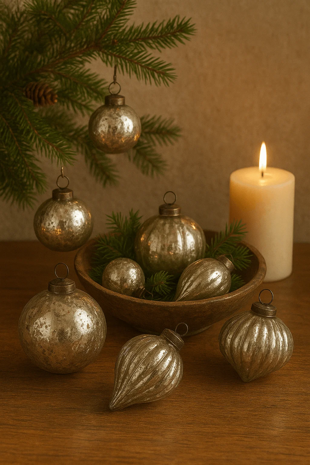 Vintage mercury glass baubles and ornaments styled with evergreen branches and candlelight for a rustic Christmas display.
