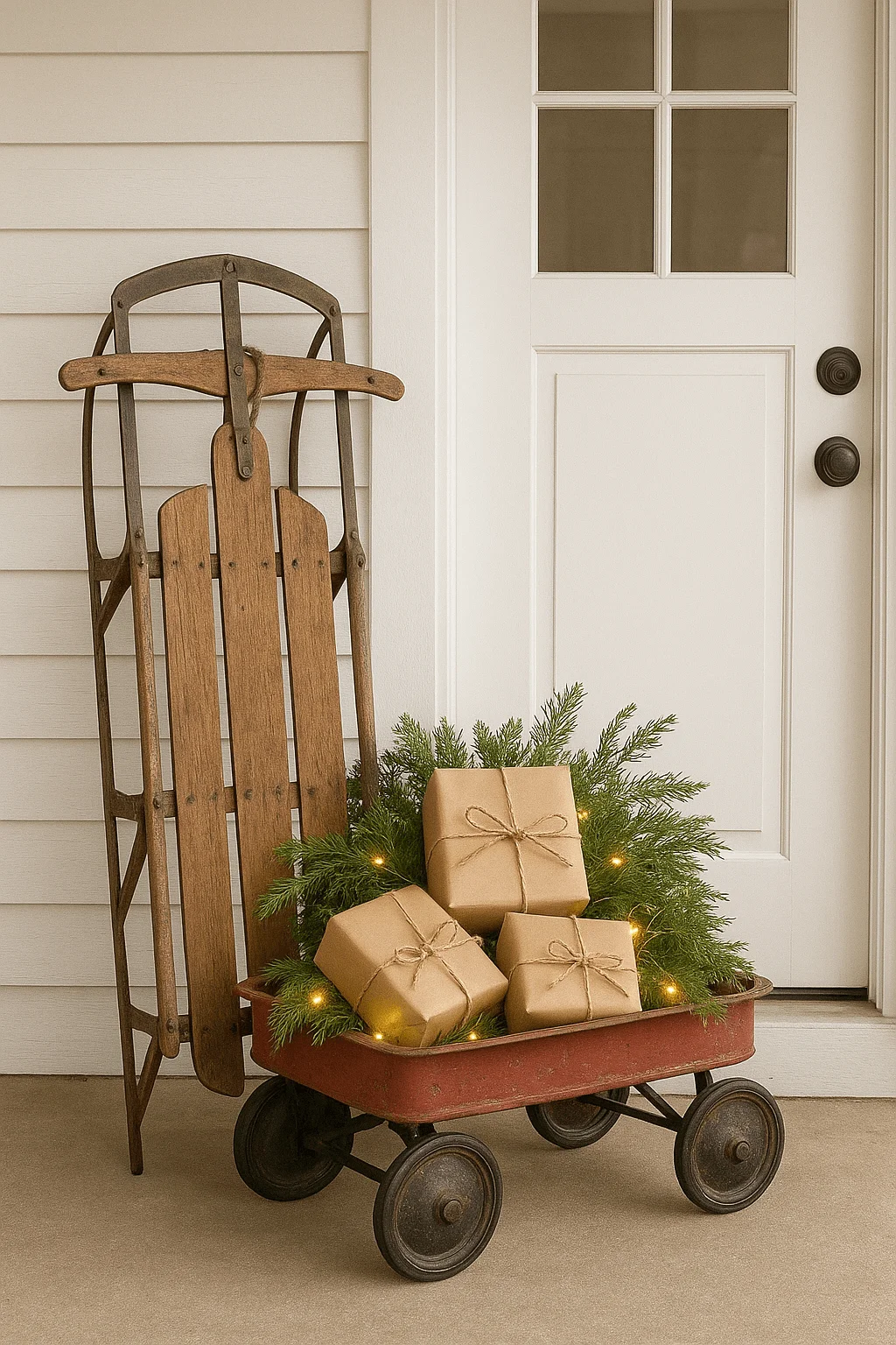 Farmhouse Christmas porch with vintage wooden sled and red wagon filled with wrapped gifts, evergreen branches, and warm string lights by a white front door.