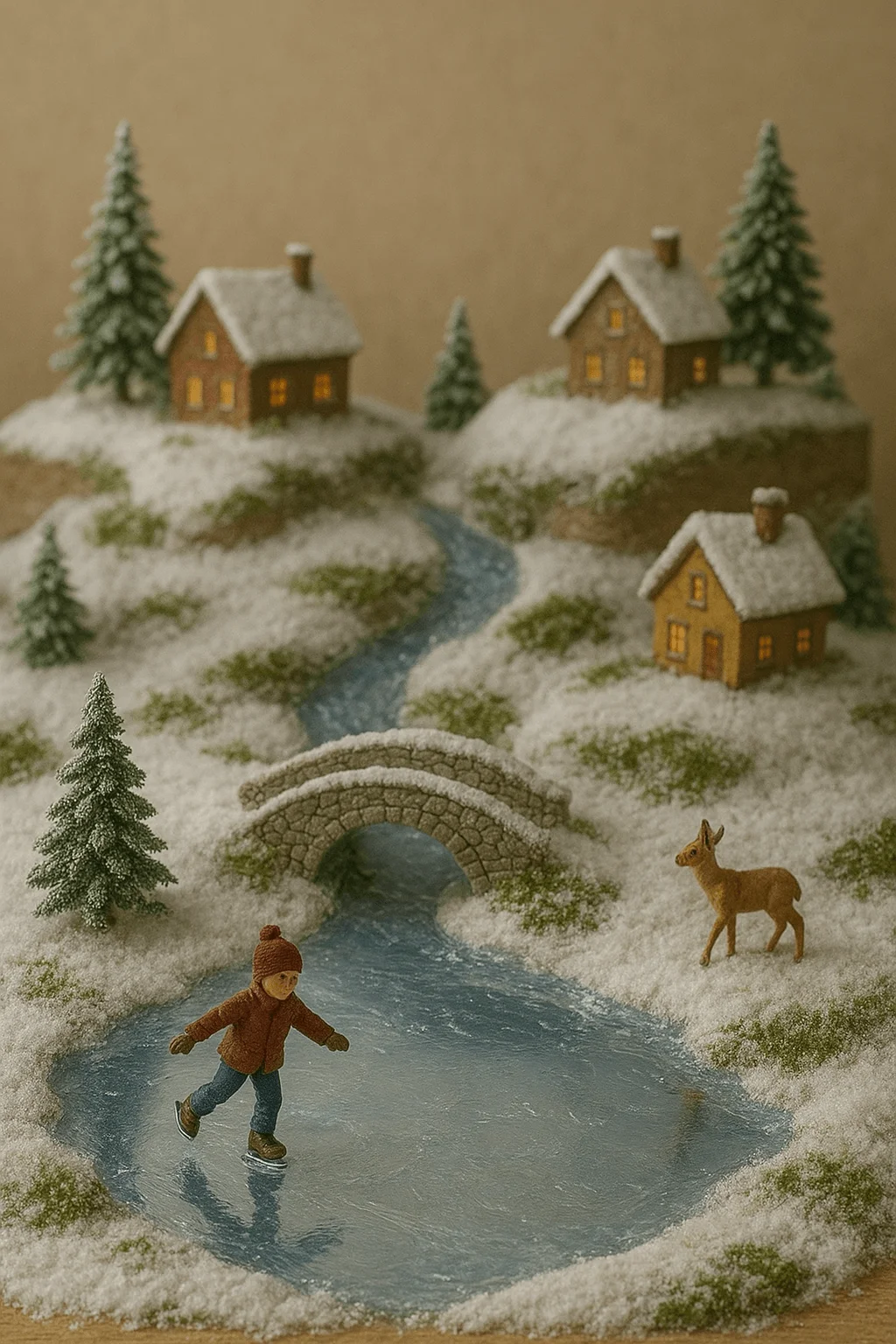 Miniature winter village scene with snow-covered houses, pine trees, a stone bridge, and a figure ice skating on a frozen pond beside a small deer, showcasing realistic water and ice effects