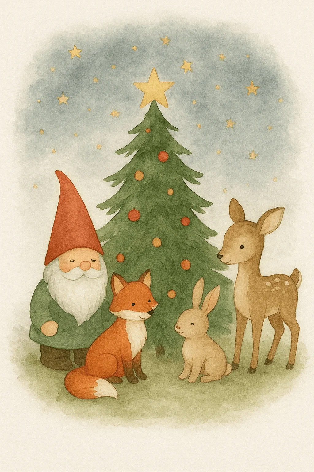 Whimsical watercolor Christmas illustration of a gnome, fox, rabbit, and deer gathered around a decorated Christmas tree under a starry night sky, cozy woodland holiday art