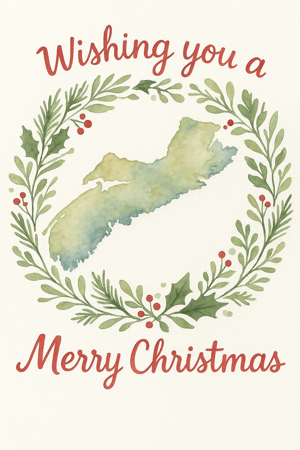 Watercolor Christmas card featuring a map shape surrounded by a festive wreath of green leaves and red berries with the message wishing you a merry Christmas in red script.