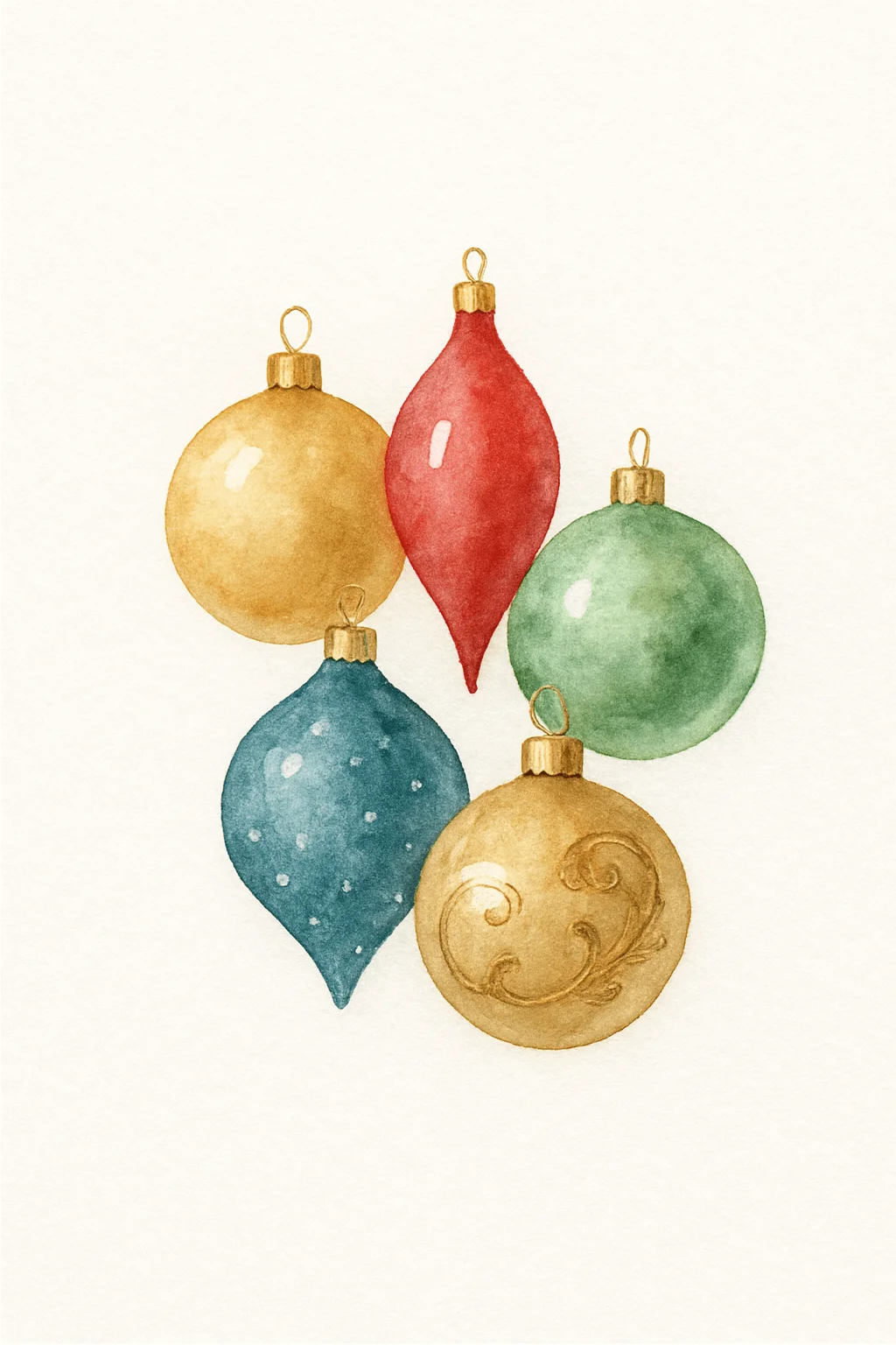 Watercolor Christmas ornaments in red, gold, green, and blue tones with metallic details, arranged in a festive cluster on a light background, elegant holiday decoration illustration.