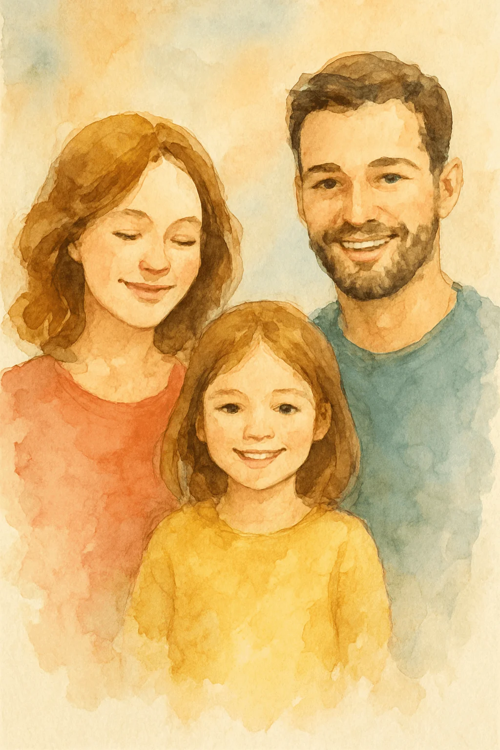 Watercolor family portrait illustration featuring smiling parents and a child, painted in soft warm tones with gentle brushwork and a light pastel background.