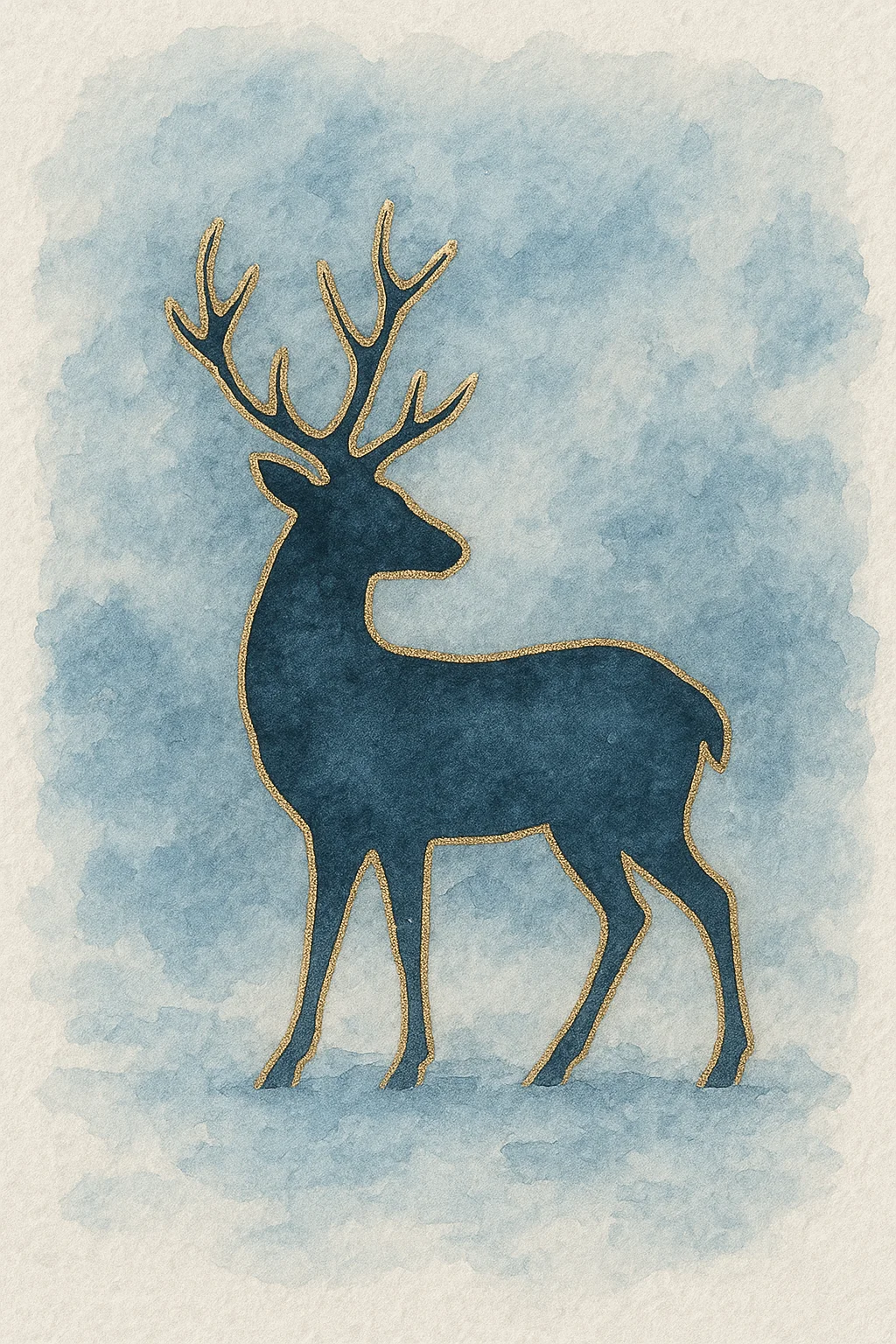 Elegant watercolor painting of a reindeer silhouette outlined in gold on a soft blue background, creating a festive and minimalist Christmas design.