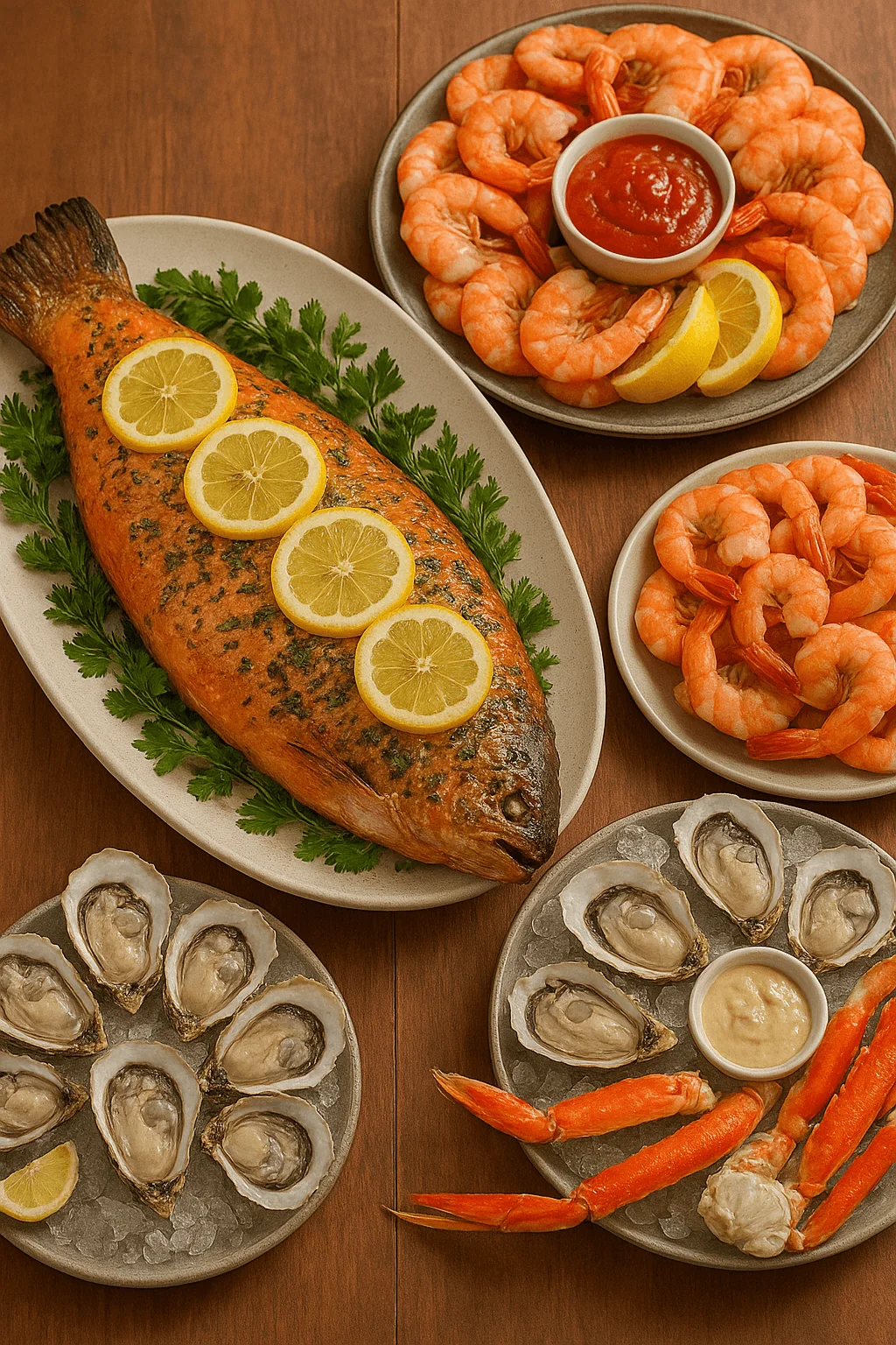 Whole roasted salmon garnished with lemon slices and herbs, surrounded by seafood platters with shrimp cocktail, oysters on ice, and crab legs for an elegant holiday feast.
