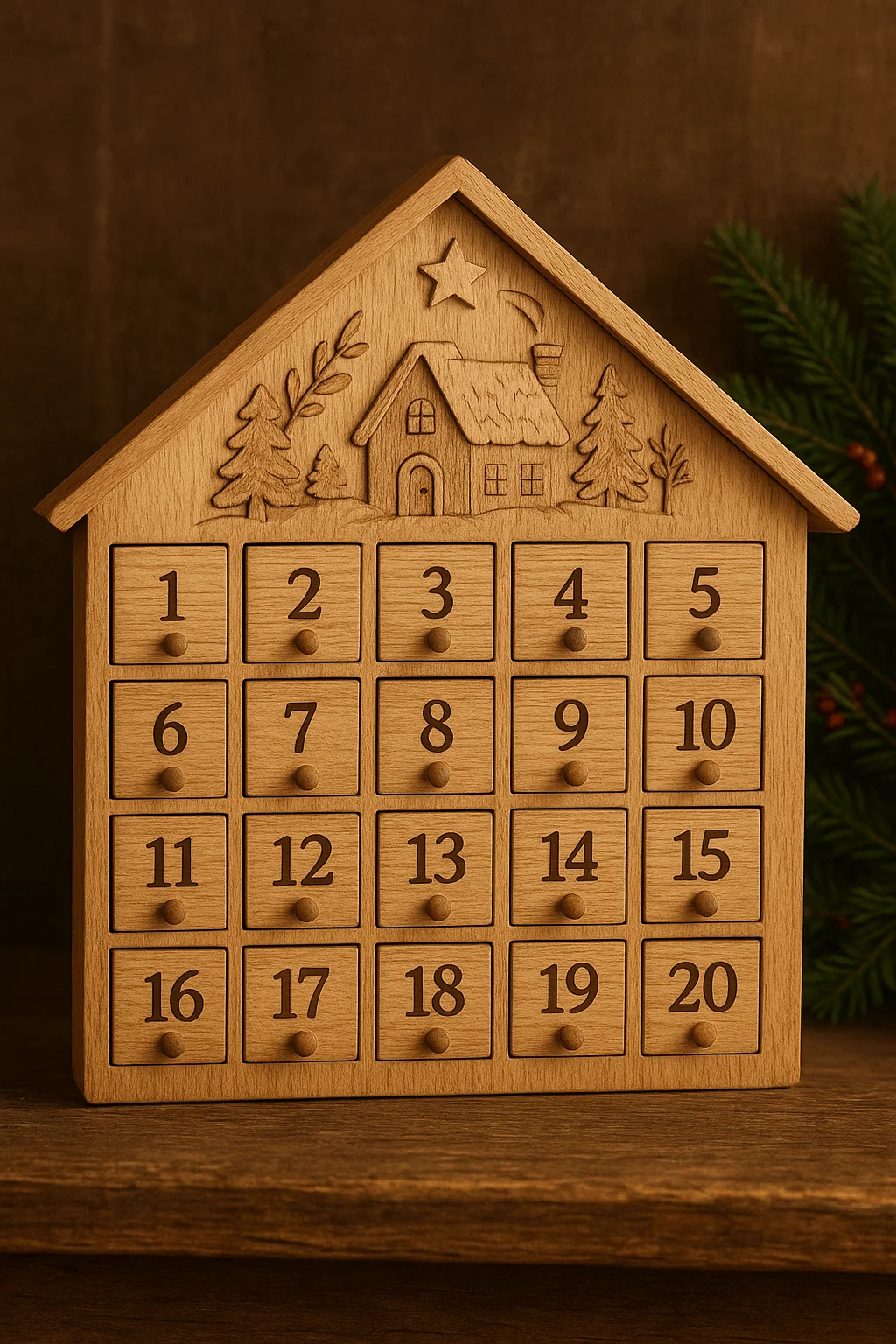 Wooden advent calendar shaped like a house with engraved cottage scene and numbered drawers for Christmas countdown.