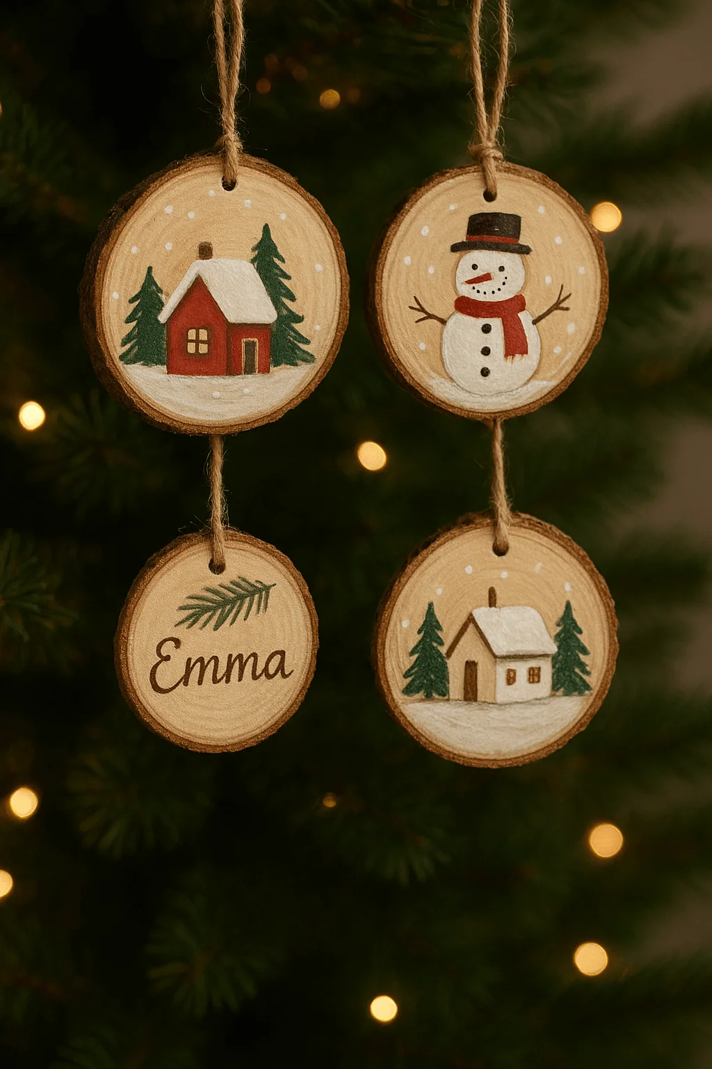 Rustic wooden hand-painted Christmas ornaments featuring a snowman, cozy cabins, and personalized name designs, hanging on a tree with warm lights.