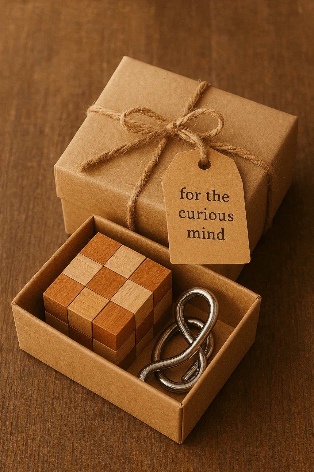 A small kraft gift box tied with twine and a tag that reads ‘for the curious mind,’ containing a wooden cube puzzle and a metal brain teaser, set on a warm wooden surface