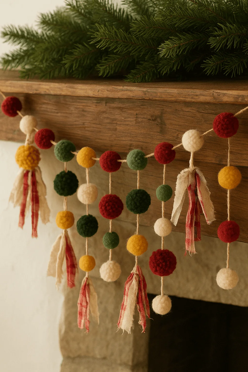Cozy Christmas mantel decorated with a handmade yarn and rag garland in red, green, gold, and cream tones, accented with evergreen branches.