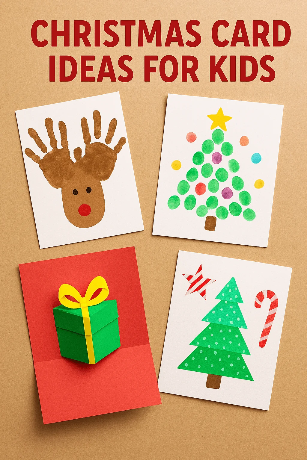 Creative Christmas card ideas for kids featuring handmade designs including a handprint reindeer, fingerprint Christmas tree, 3D pop-up gift card, and paper cutout tree with candy cane on a brown background